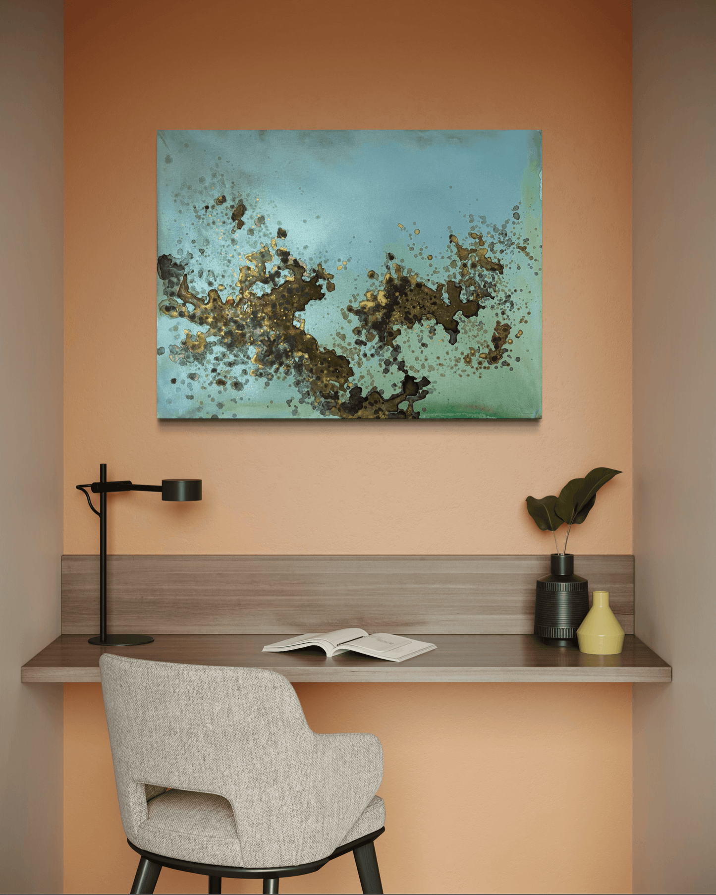 Original abstract painting in blue, green, brown with rust and gold layered textures and organic forms displayed on a coral painted wall above a built-in desk in modern interior