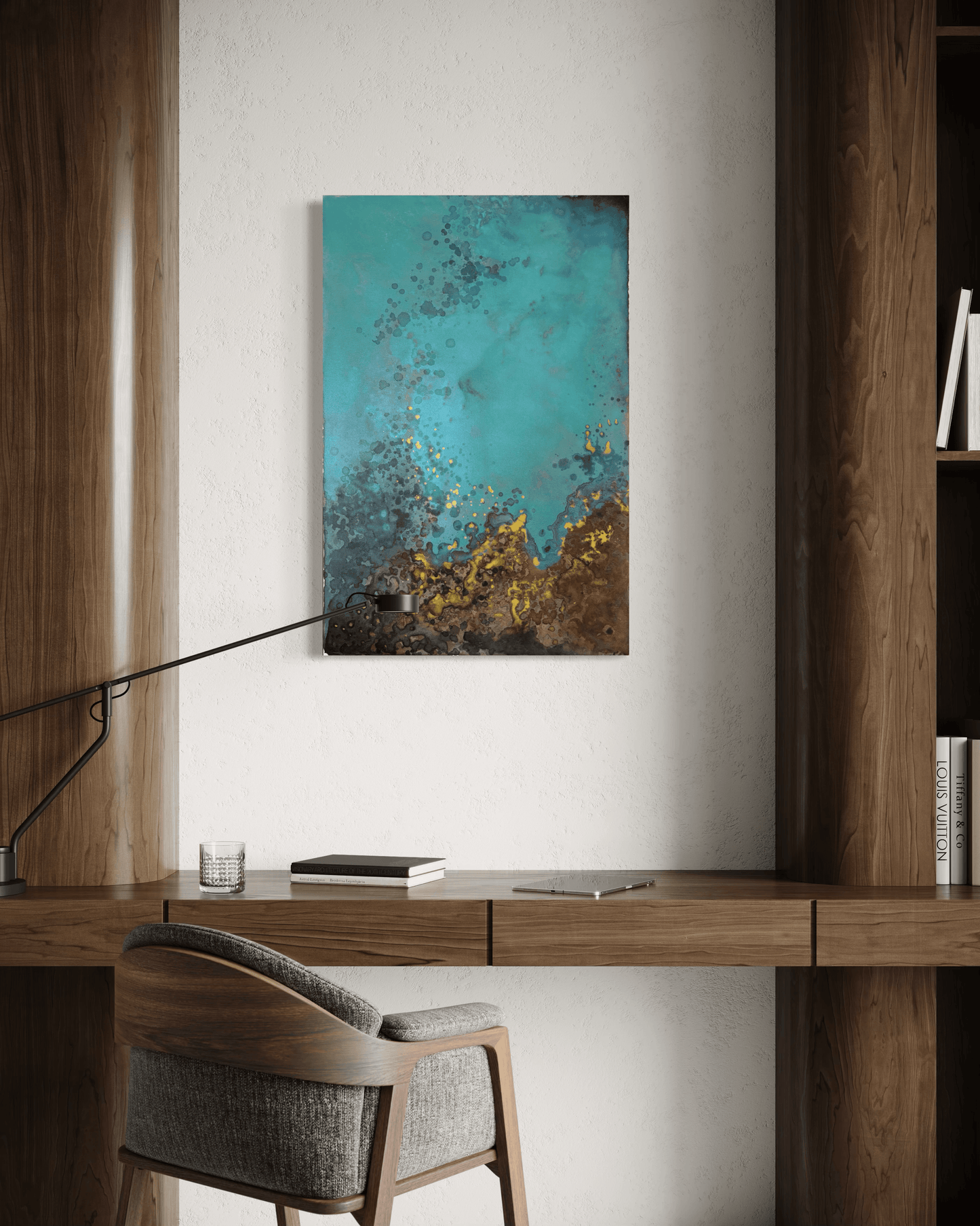 Original abstract painting in blue, gold, brown and rust tones with layered textures and organic forms displayed in alcove flanked by walnut wood bookcase and desk in modern interior