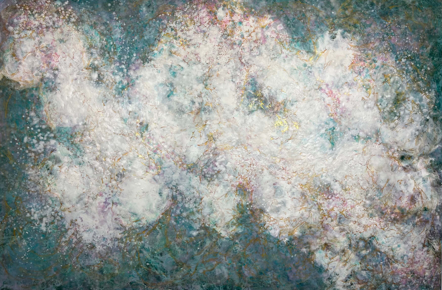 This abstract painting has a calming feel to it with blue greens, white, pinks and gold. it creates an ethereal feeling with the what looks like a magical cloud floating by.