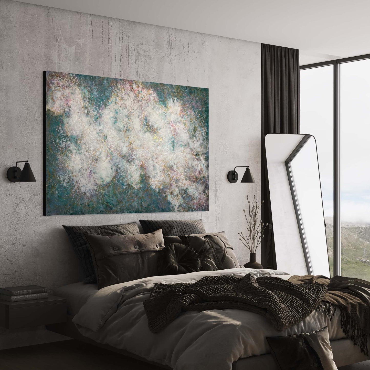 Original abstract encaustic painting has a calming feel to it with blue greens, white, pinks and gold. it creates an ethereal feeling with the what looks like a magical cloud floating by. Displayed on a concrete wall above a bed in a modern bedroom