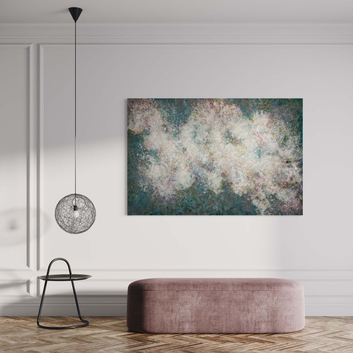 Original abstract encaustic painting has a calming feel to it with blue greens, white, pinks and gold. it creates an ethereal feeling with the what looks like a magical cloud floating by. Displayed above a bench in a modern foyer