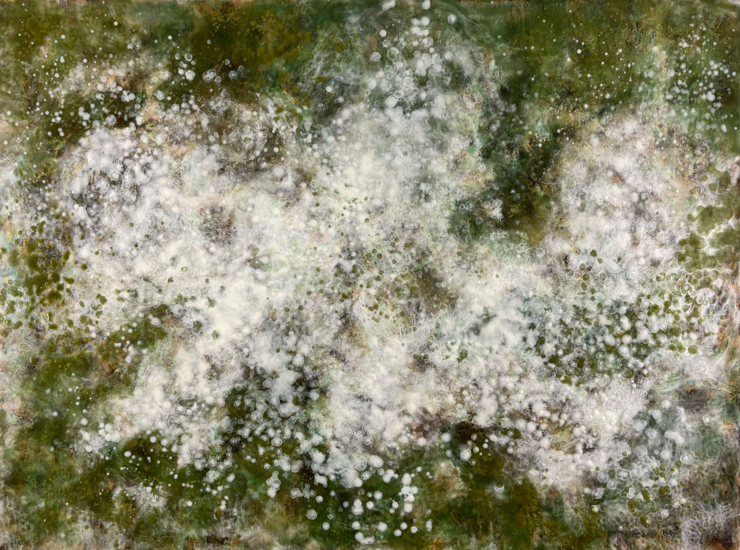 Abstract painting with soft white and pale green cloud-like forms ver a deep green background. The piece adds a calm, organic feel to a modern space