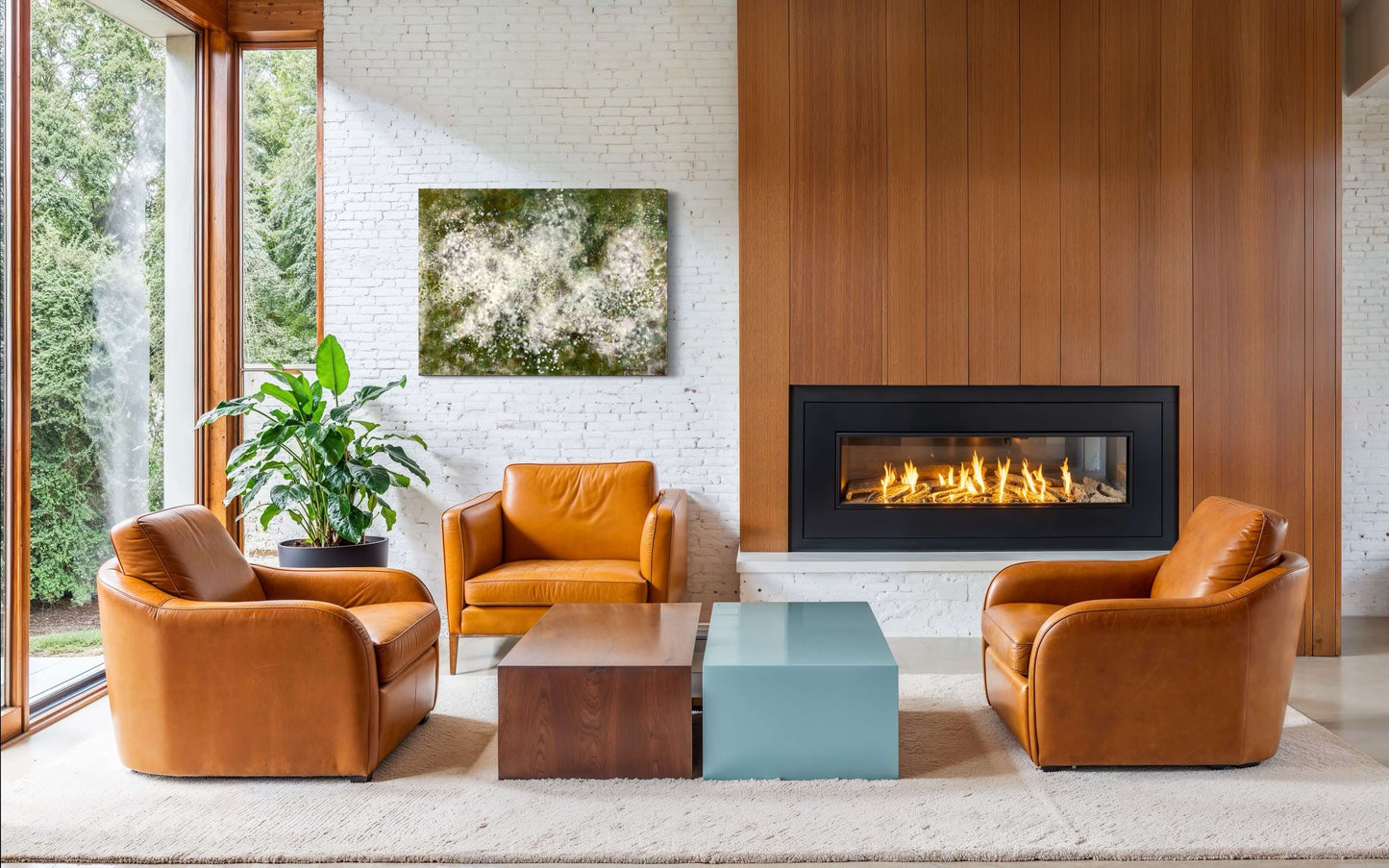 Abstract painting with soft white and pale green cloud-like forms ver a deep green background. The piece adds a calm, organic feel to a modern space