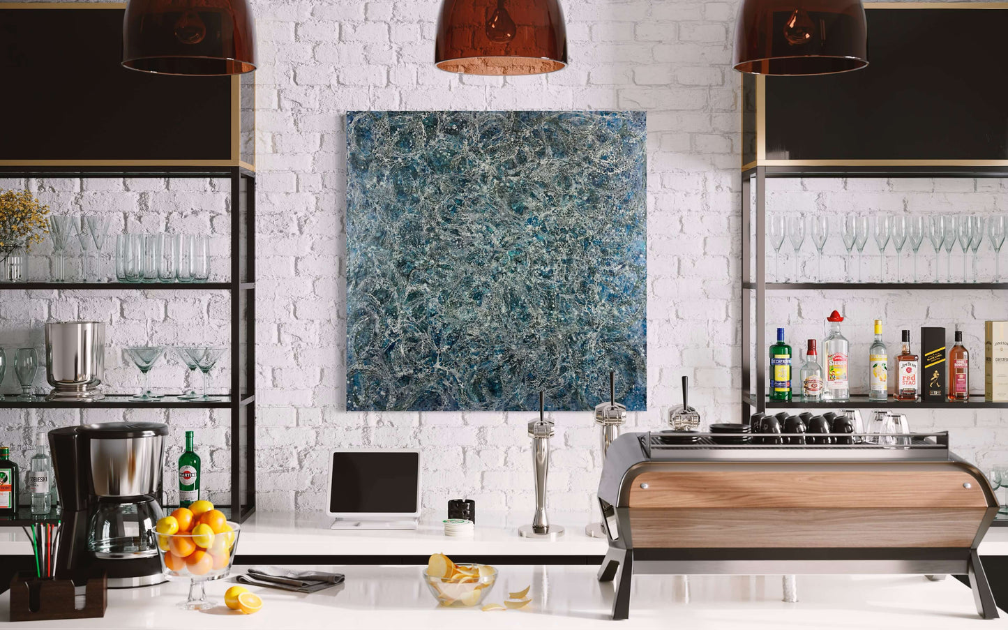 Original abstract encaustic painting in deep blues and white tones with lots of visual texture and many lace-like swirls. Displayed on a painted brick wall in a restaurant interior