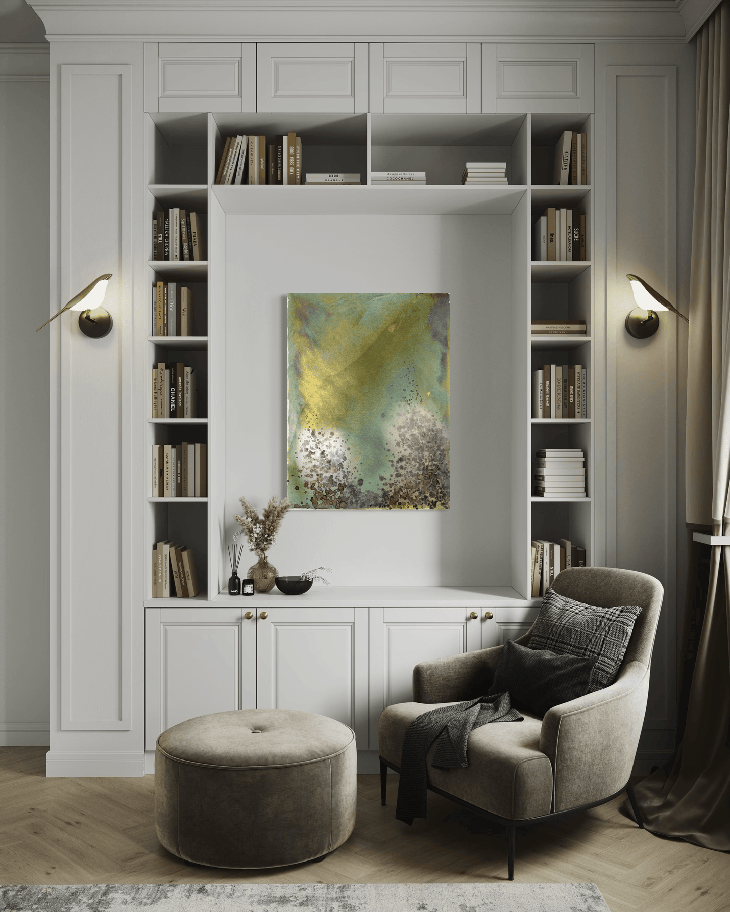 Original abstract painting in yellow, green, blue, gold with layered wine stain textures and organic forms displayed in an alcove within a built -in bookcase in modern interior