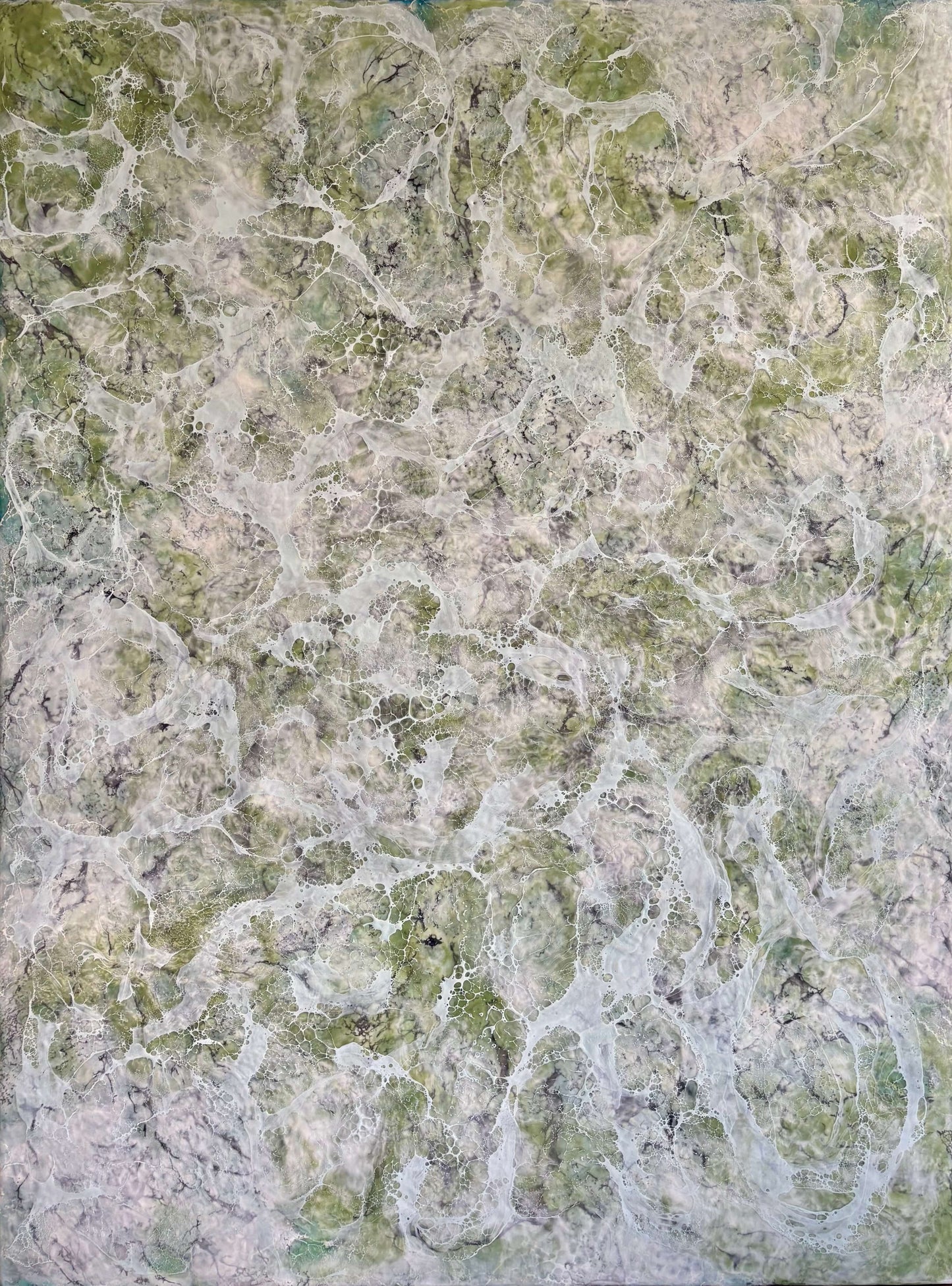 Abstract painting in muted greens, grays and whites, with layered fog-like textures and webbed veils that create the impression of shifting forms within a dense mist.