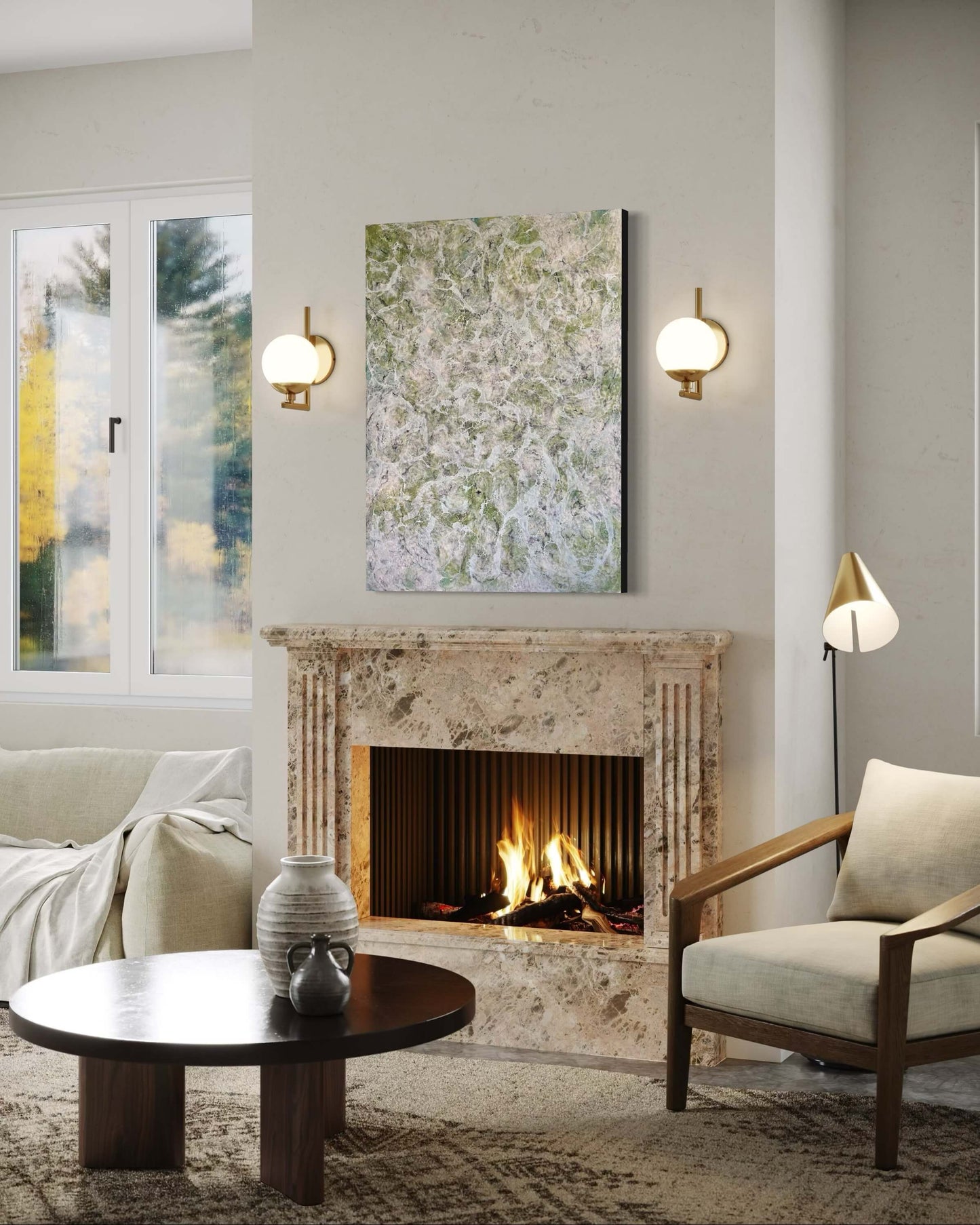 Original abstract encaustic painting in muted greens, greys and whites, with layered fog-like textures and webbed veils that create the impression of shifting forms within a dense mist displayed in modern interior above a fireplace flanked by sconces