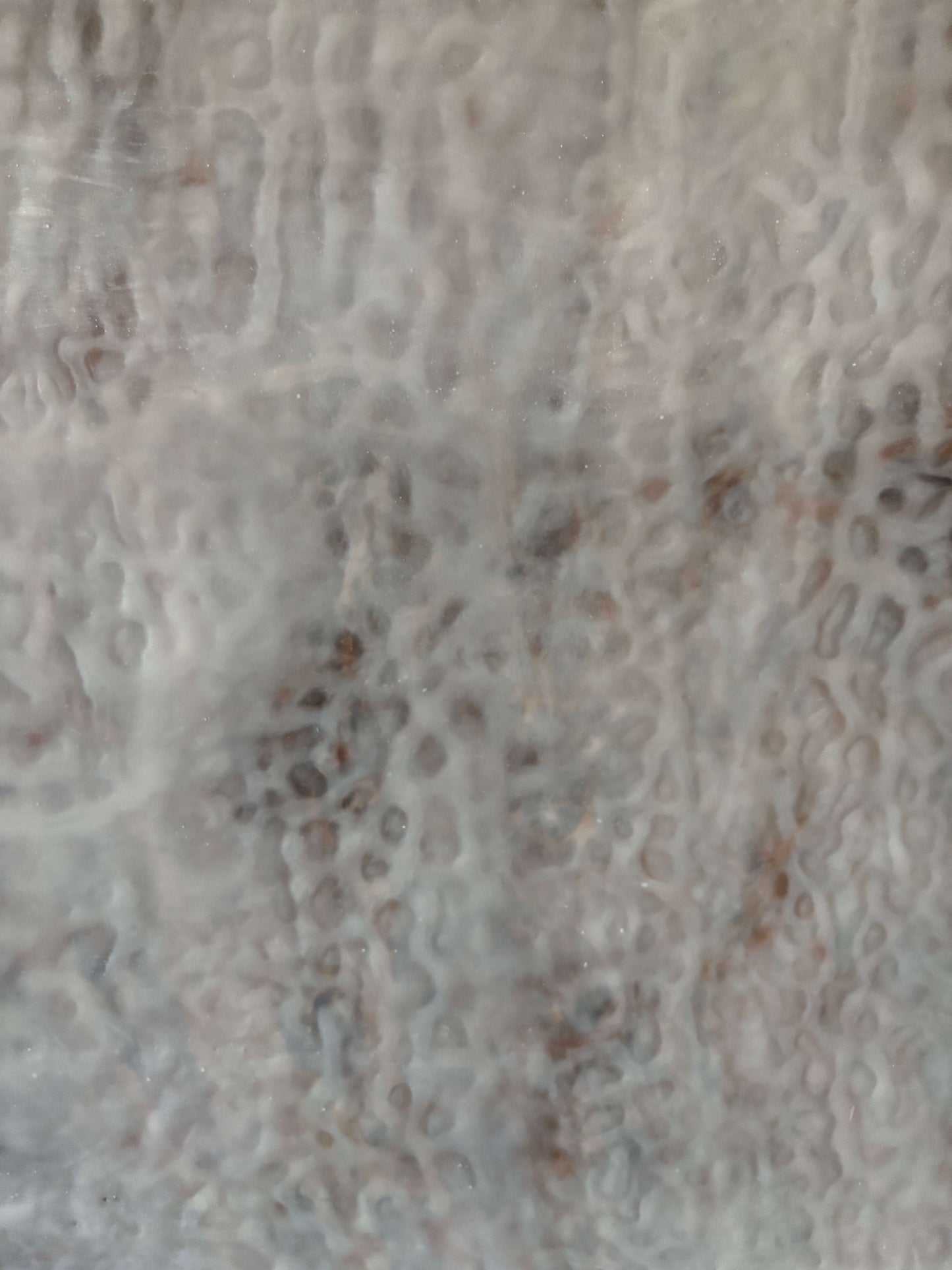 Close up.Abstract painting featuring soft, layered textures in pale neutral tones of white, beige, and hints of brown. Translucent, web-like veining spreads across the surface, creating a sense of mist, depth, and organic movement reminiscent of fog or frost.
