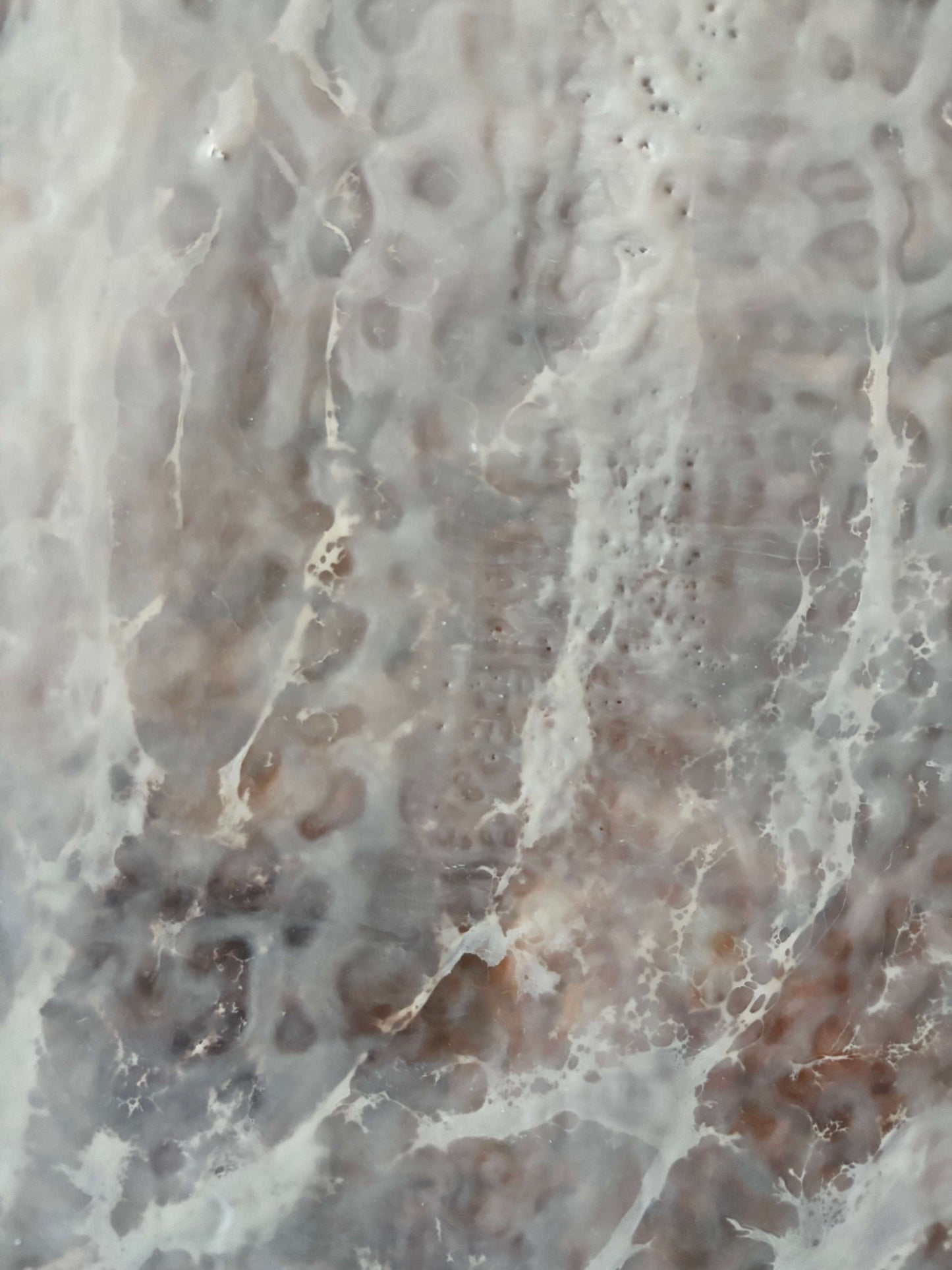 Close up.Abstract painting featuring soft, layered textures in pale neutral tones of white, beige, and hints of brown. Translucent, web-like veining spreads across the surface, creating a sense of mist, depth, and organic movement reminiscent of fog or frost.