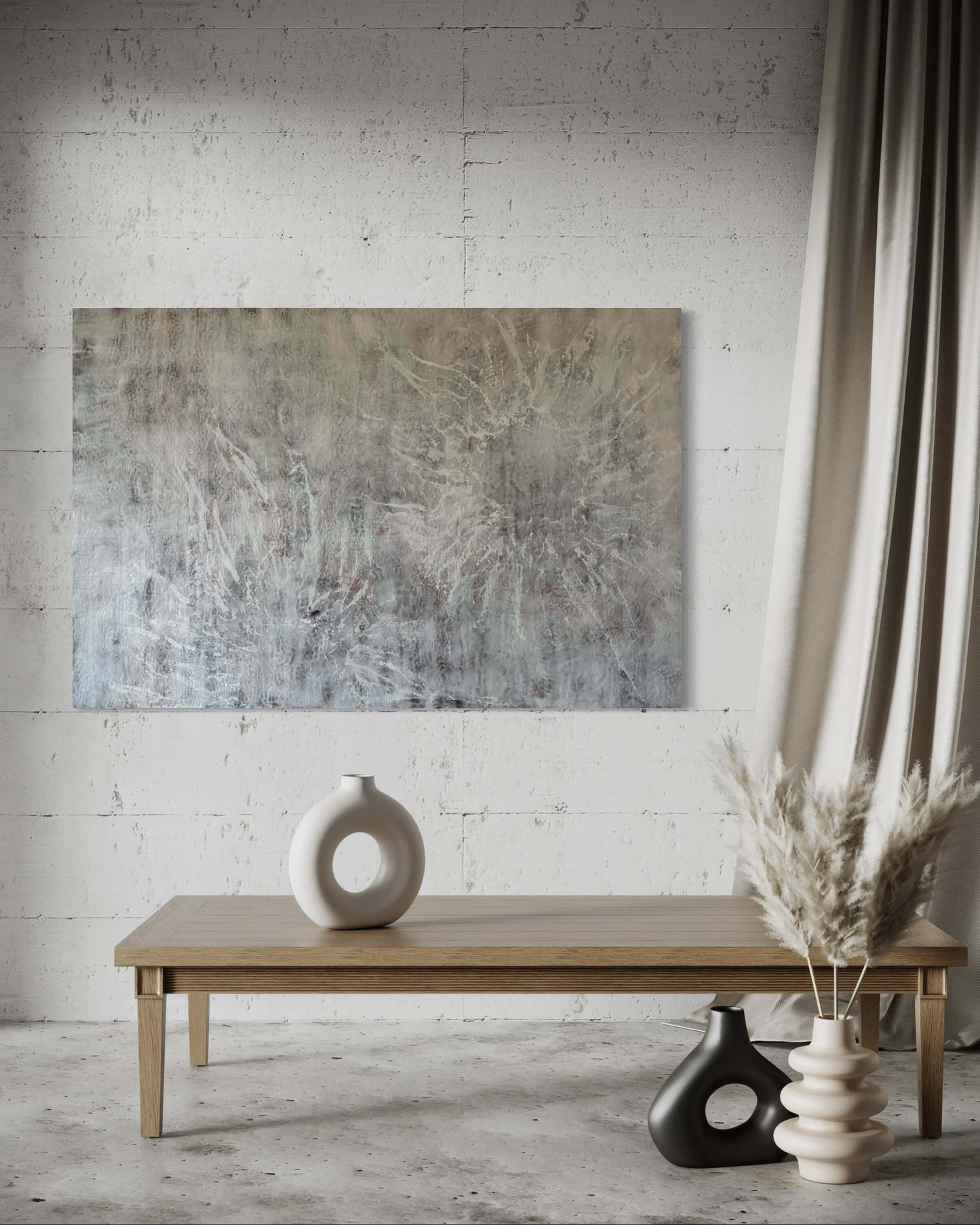 In a gallery type setting.Abstract painting featuring soft, layered textures in pale neutral tones of white, beige, and hints of brown. Translucent, web-like veining spreads across the surface, creating a sense of mist, depth, and organic movement reminiscent of fog or frost.