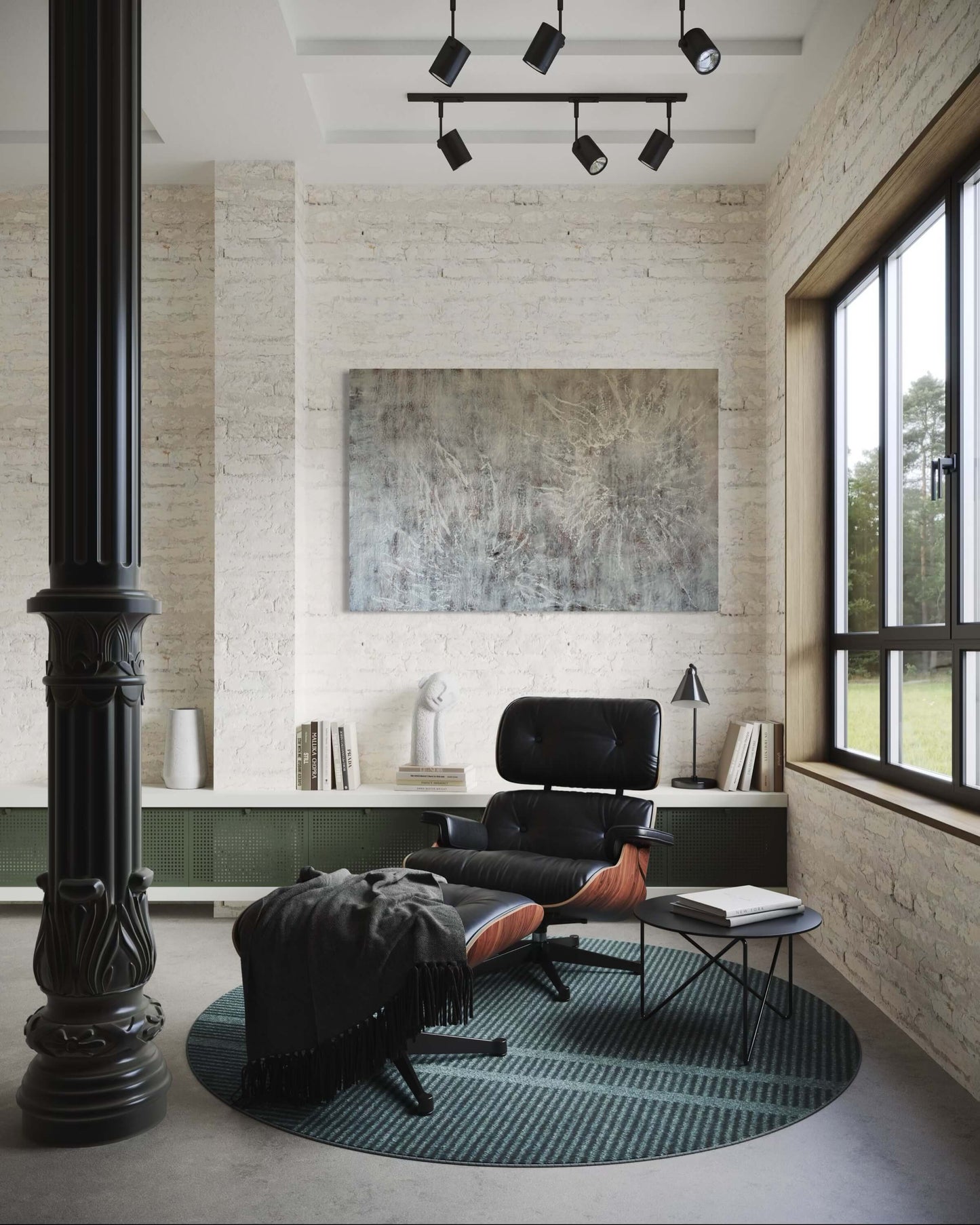 In a modern loft.Abstract painting featuring soft, layered textures in pale neutral tones of white, beige, and hints of brown. Translucent, web-like veining spreads across the surface, creating a sense of mist, depth, and organic movement reminiscent of fog or frost.