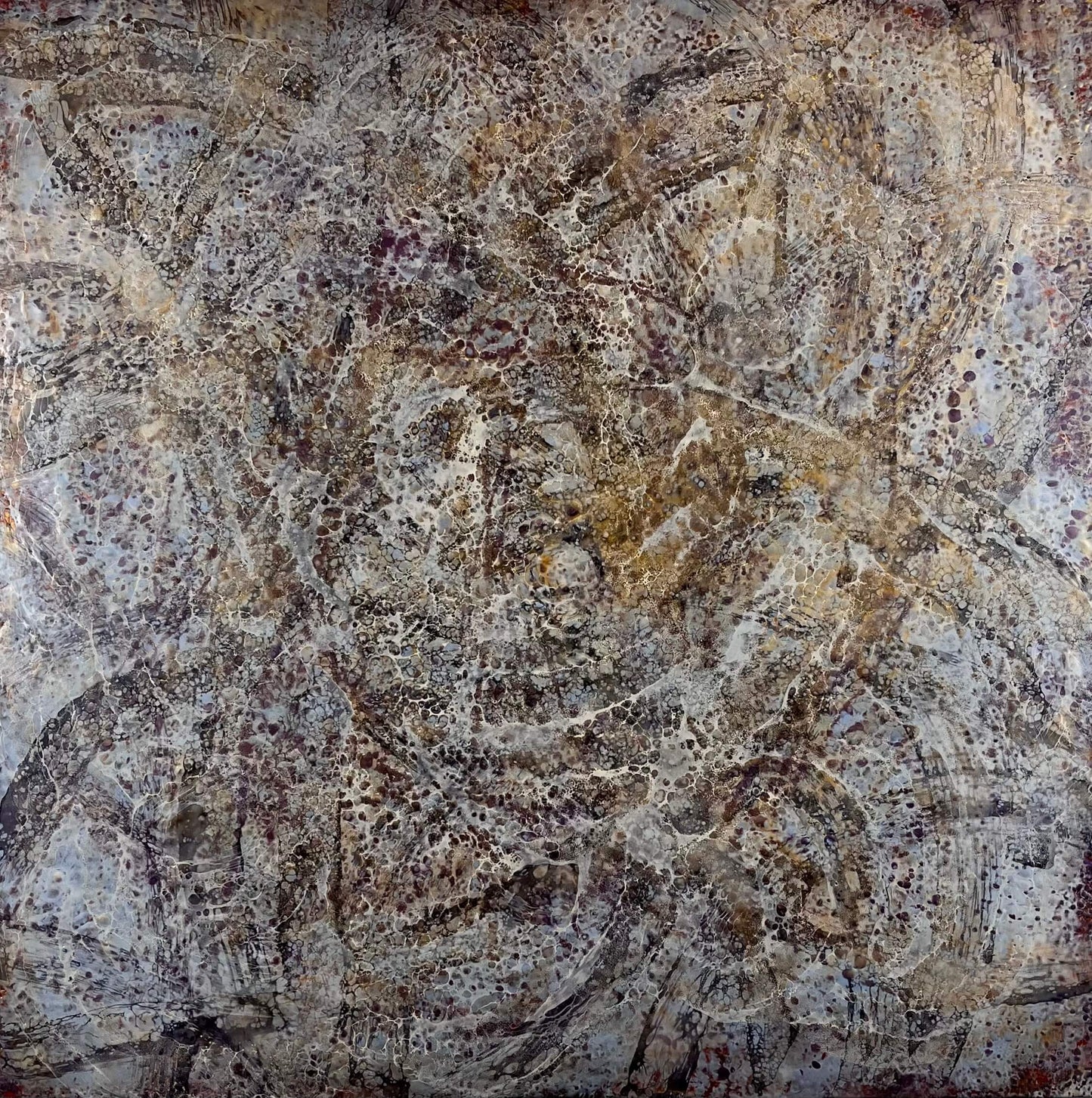 This abstract painting is created with encaustic medium. The piece is named Moonlight Moth, and the painting is done in warm grey, brown, burgundy and gold shades. It resembles the wings of a moth.