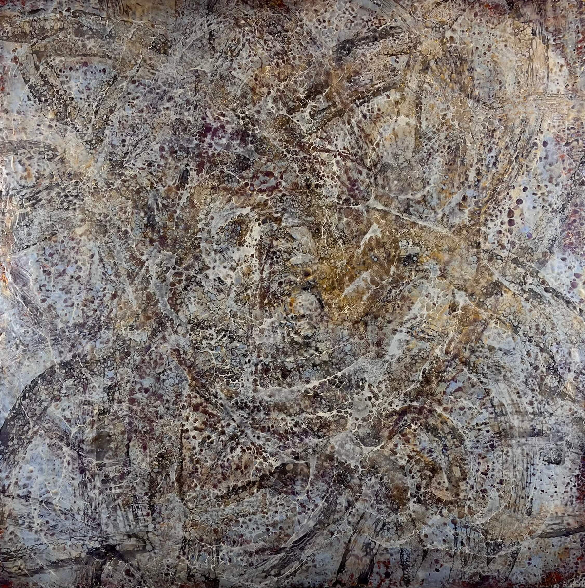 Original abstract encaustic painting in warm grey, brown, burgundy and gold with layered web-like textures in white