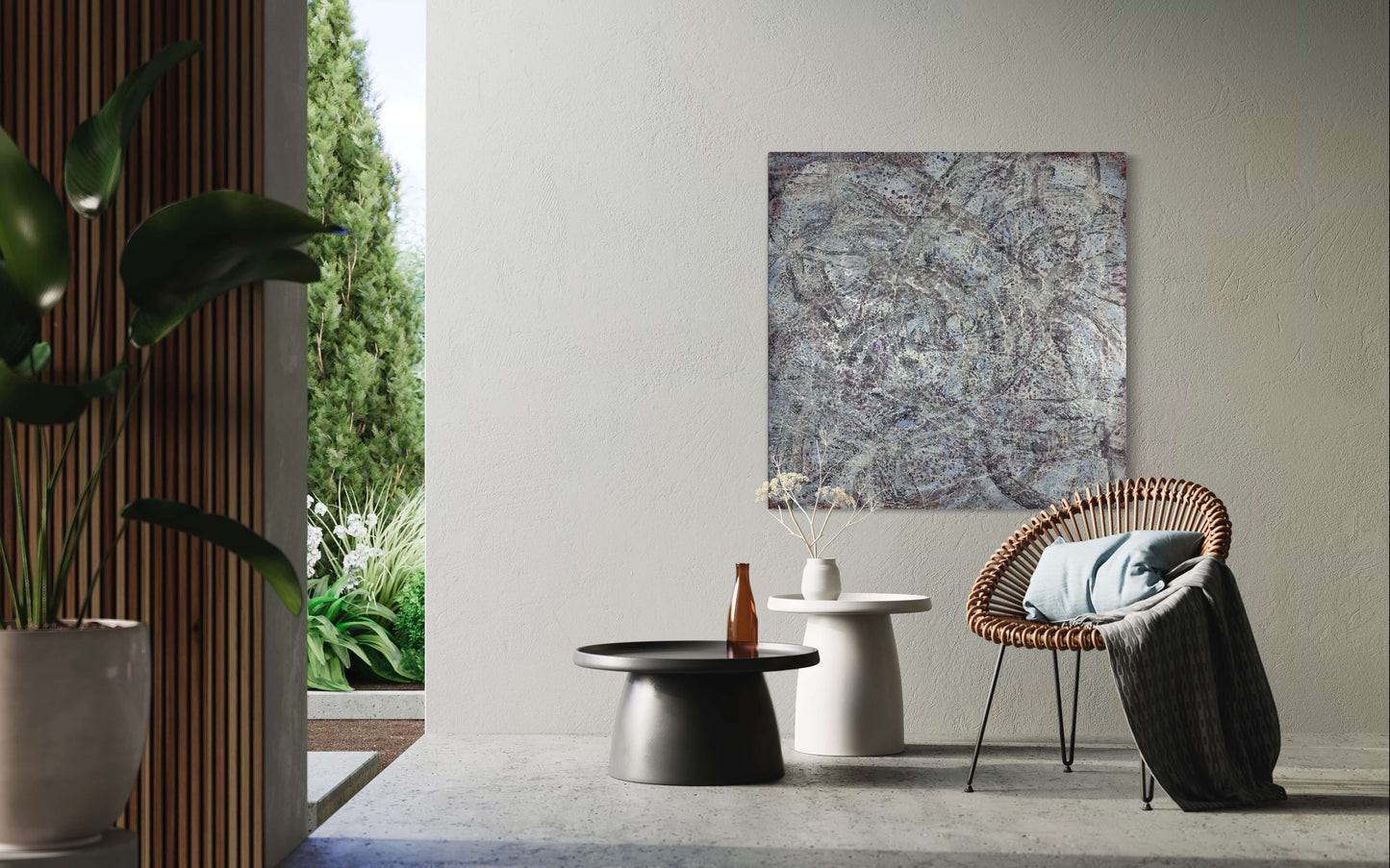 In situ.Inspiration for this painting is a piece of music composed by Jordi Fornies. The style of this piece is gestural abstraction, the directional lines in this painting are a flight pattern of a moth, that is focused on its sight of the moon. There are blues, whites, browns and greys that signify the colours of moth's wings and the colour of the "blue moon". The size of this painting is 36"x36"