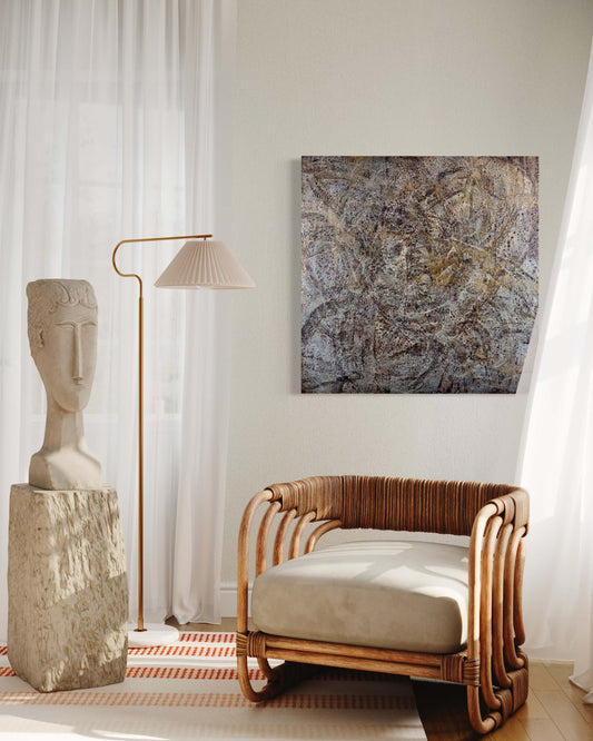 Original abstract encaustic painting in warm grey, brown, burgundy and gold with layered web-like textures in white displayed above a rattan armchair and floor lamp in a modern inerior