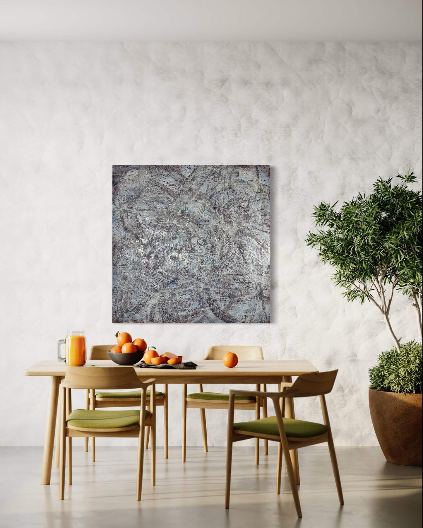 In situ.Inspiration for this painting is a piece of music composed by Jordi Fornies. The style of this piece is gestural abstraction, the directional lines in this painting are a flight pattern of a moth, that is focused on its sight of the moon. There are blues, whites, browns and greys that signify the colours of moth's wings and the colour of the "blue moon". The size of this painting is 36"x36"