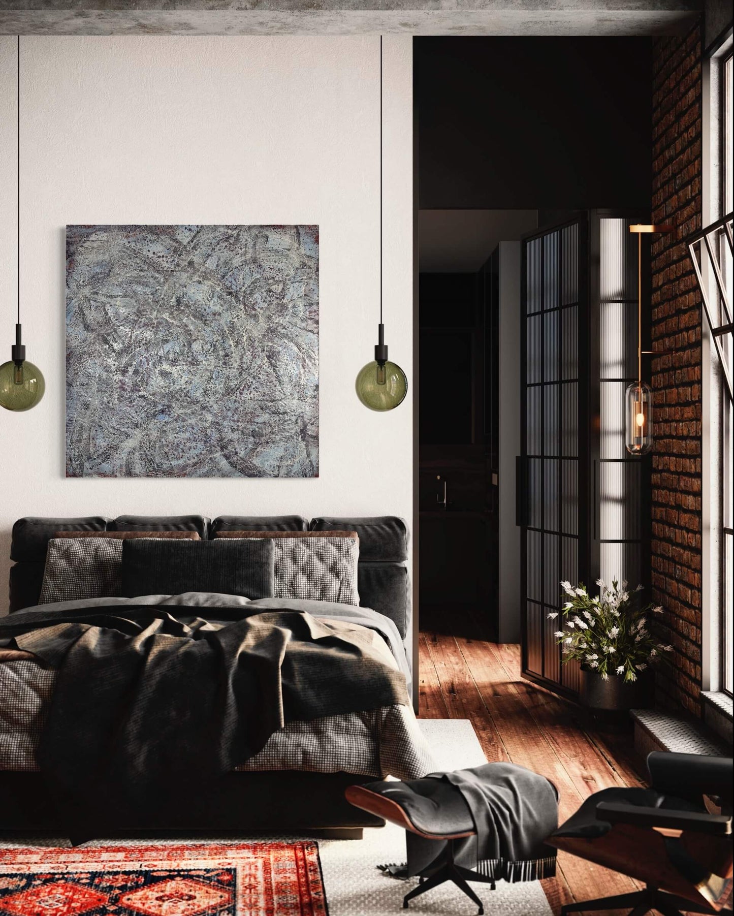 In situ.Inspiration for this painting is a piece of music composed by Jordi Fornies. The style of this piece is gestural abstraction, the directional lines in this painting are a flight pattern of a moth, that is focused on its sight of the moon. There are blues, whites, browns and greys that signify the colours of moth's wings and the colour of the "blue moon". The size of this painting is 36"x36"
