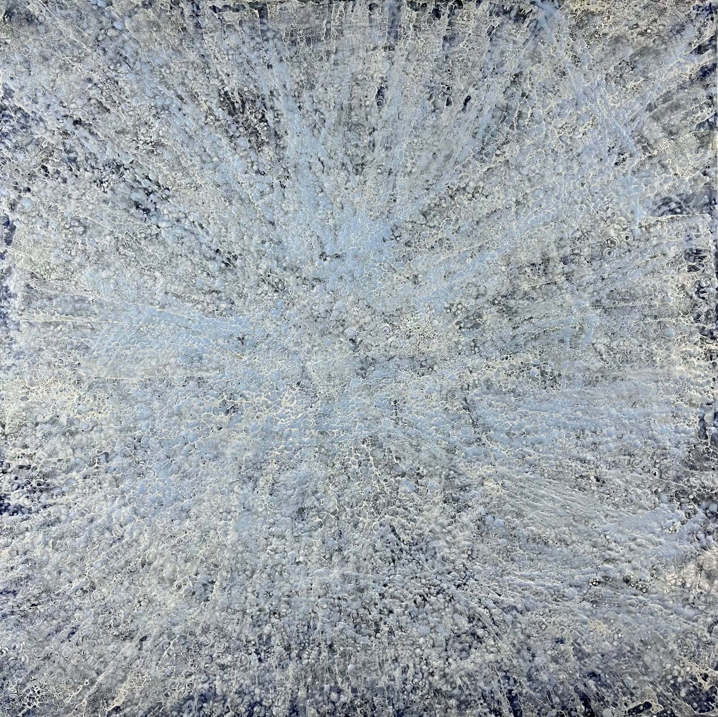 This abstract painting is done in monochromatic tones of black, grey, blue and white. It has a lot of close up juicy details. Strong directional lines make your eye go deep into the heart of a painting. This piece is 36"x36"