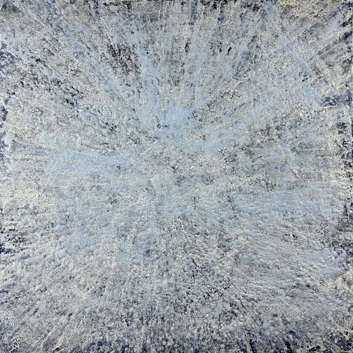 Original abstract encaustic painting is done in monochromatic tones of blues and white with layered directional textures