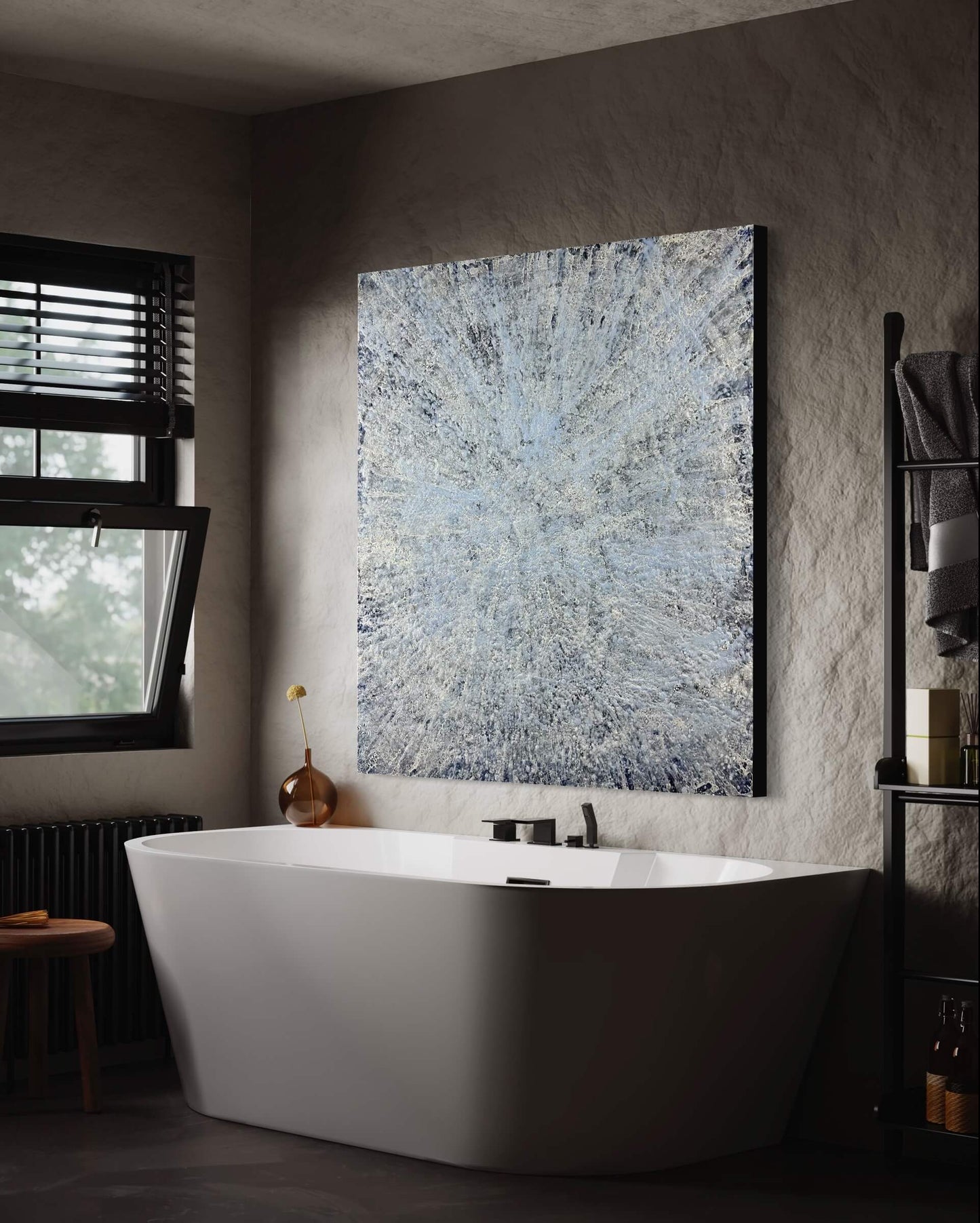 In situ.This abstract painting is done in monochromatic tones of black, grey, blue and white. It has a lot of close up juicy details. Strong directional lines make your eye go deep into the heart of a painting. This piece is 36"x36"