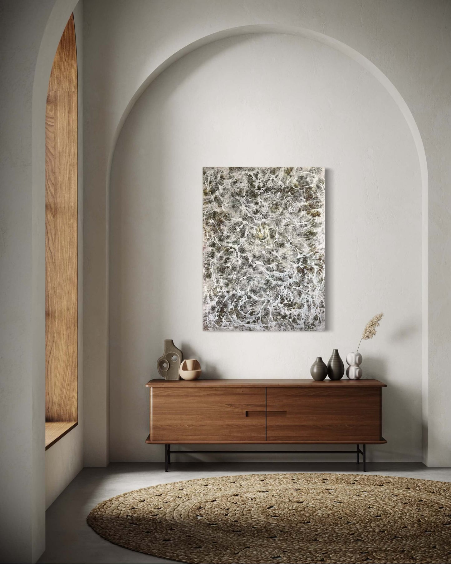 In Situ.Abstract painting with layered earthy browns and whites, resembling delicate web-like veils or flowing tears across the surface