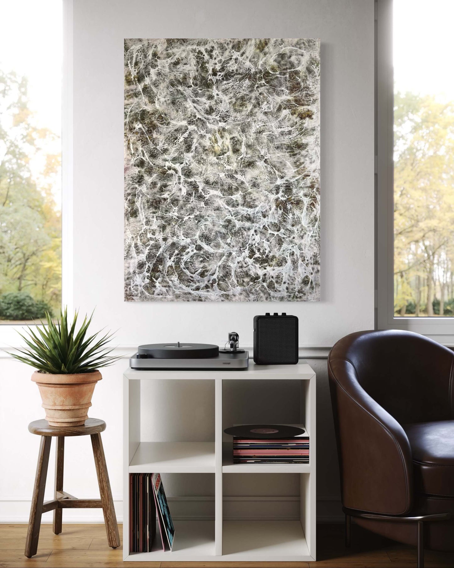 In situ.Abstract painting with layered earthy browns and whites, resembling delicate web-like veils or flowing tears across the surface