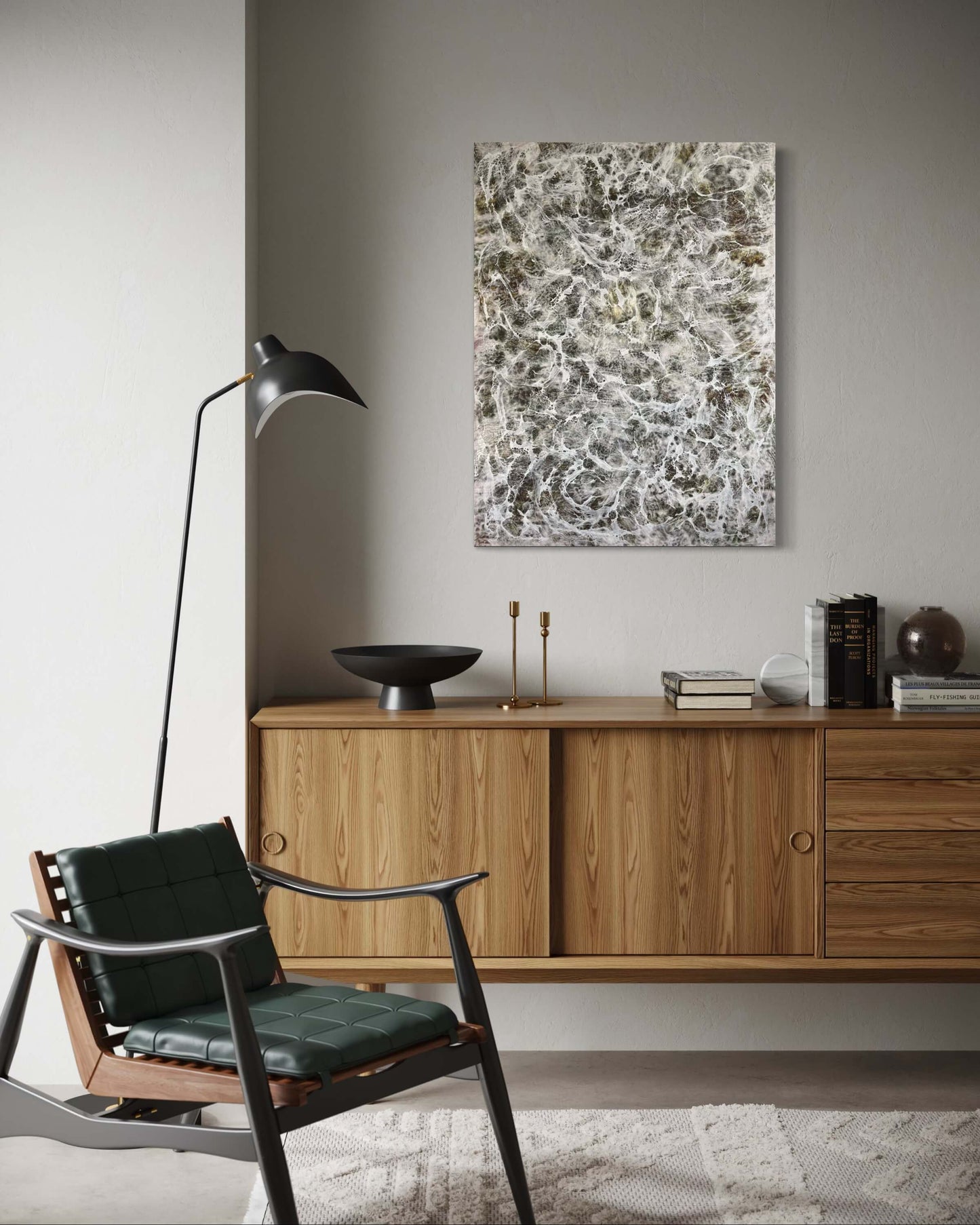 Original abstract encaustic painting in earthy browns and white, with layered weblike textures. Displayed above a crenza