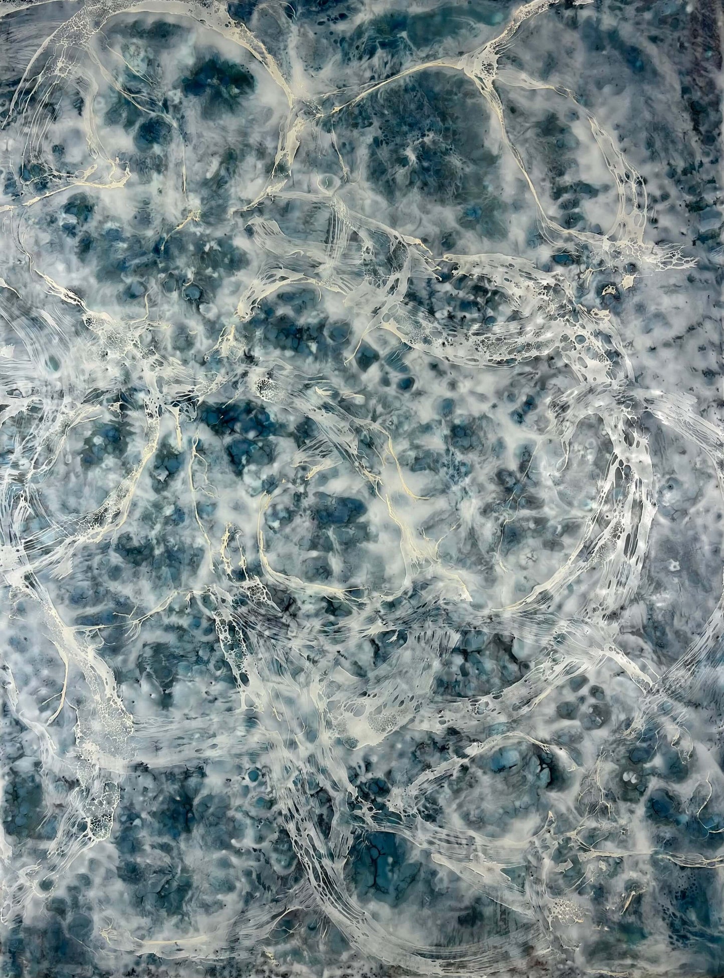 This abstract painting is created with encaustic medium and it is one of the pair and it is inspired by a song written by Otis Redding. The painting is done in moody blues, whites and it has flow and movement to it to represent the movement of water