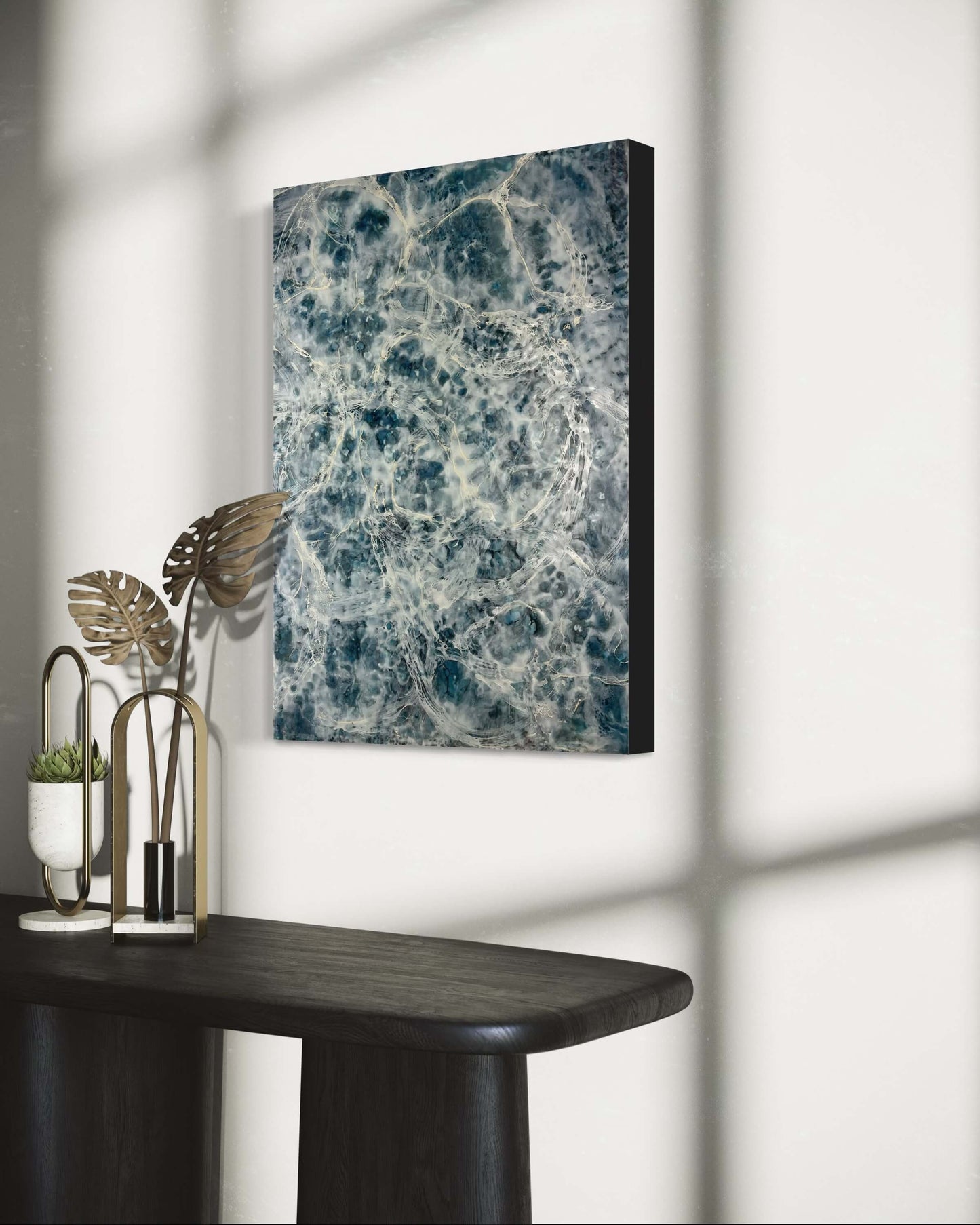 In situ.This abstract painting is created with encaustic medium and it is of the pair and it is inspired by a song written by Otis Redding. The painting is done in moody blues, whites and it has flow and movement to it to represent the movement of water