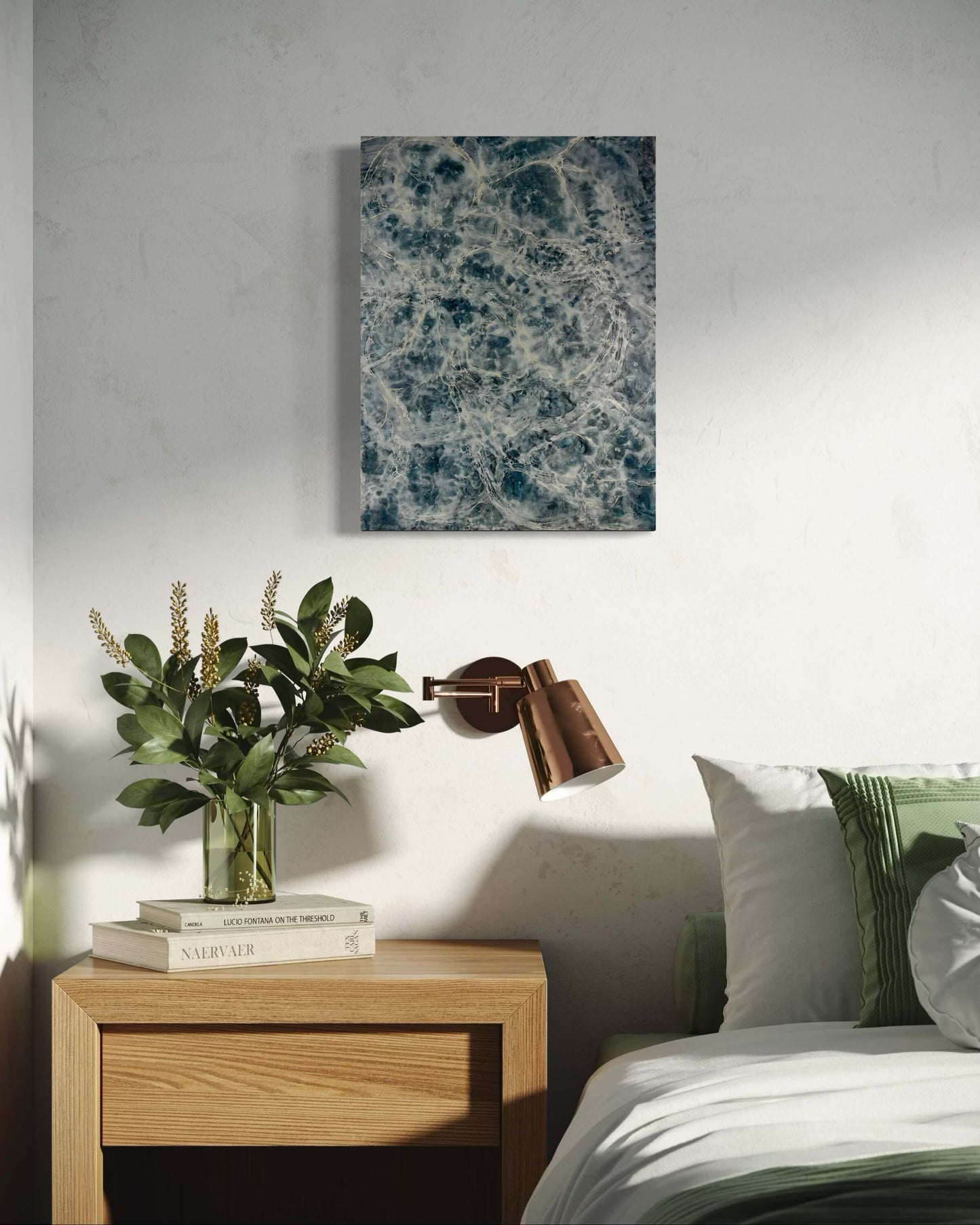 Original abstract encaustic painting in moody blues, whites and it has flow and movement to it to represent the movement of water displayed above a bedroom side table