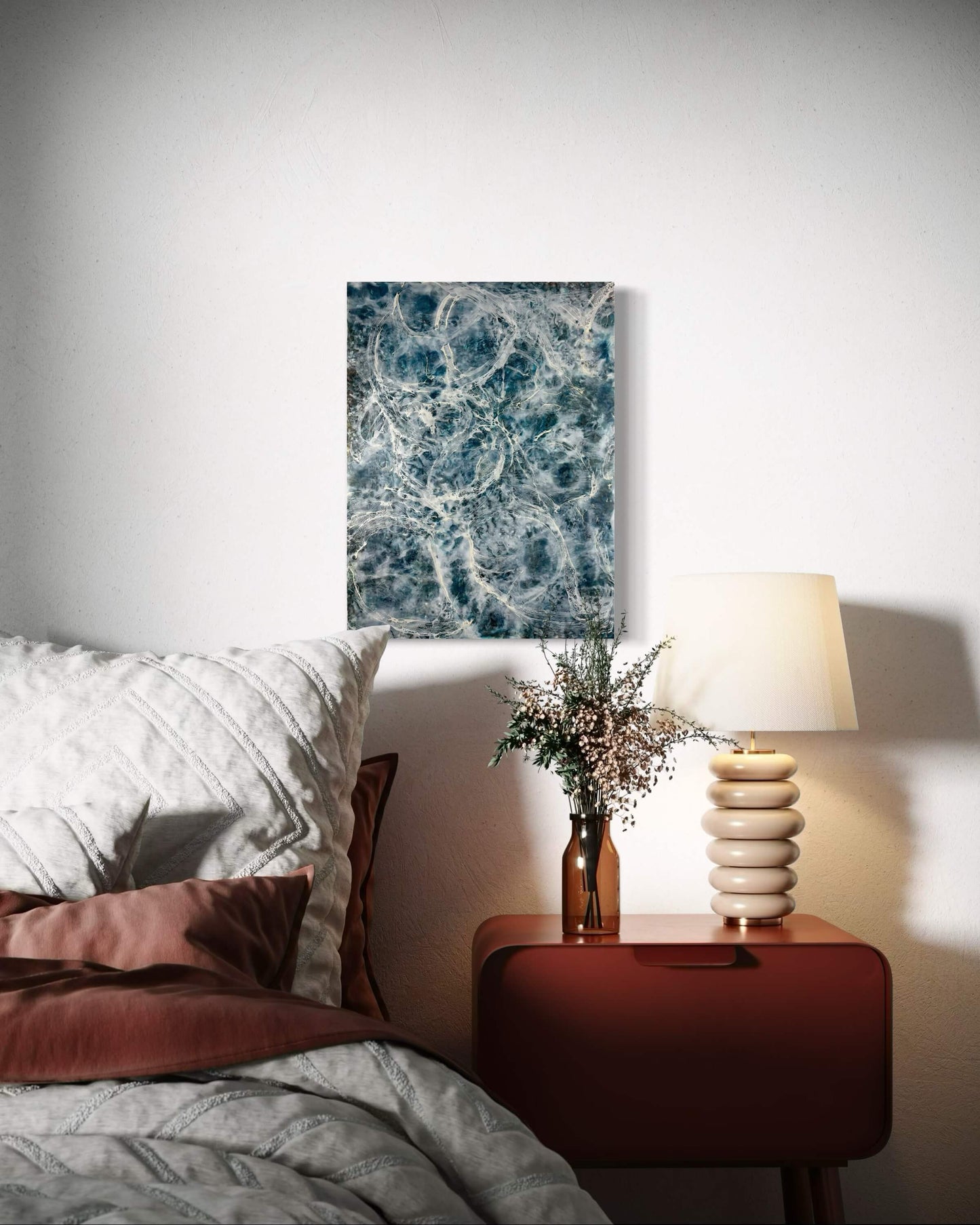 In situ.This abstract painting is one of the pair and it is inspired by a song written by Otis Redding. The painting is done in moody blues, whites and it has flow and movement to it to represent the movement of water