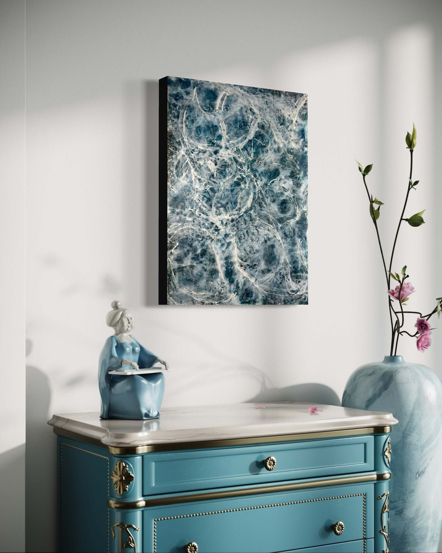 In situ.This abstract painting is one of the pair and it is inspired by a song written by Otis Redding. The painting is done in moody blues, whites and it has flow and movement to it to represent the movement of water