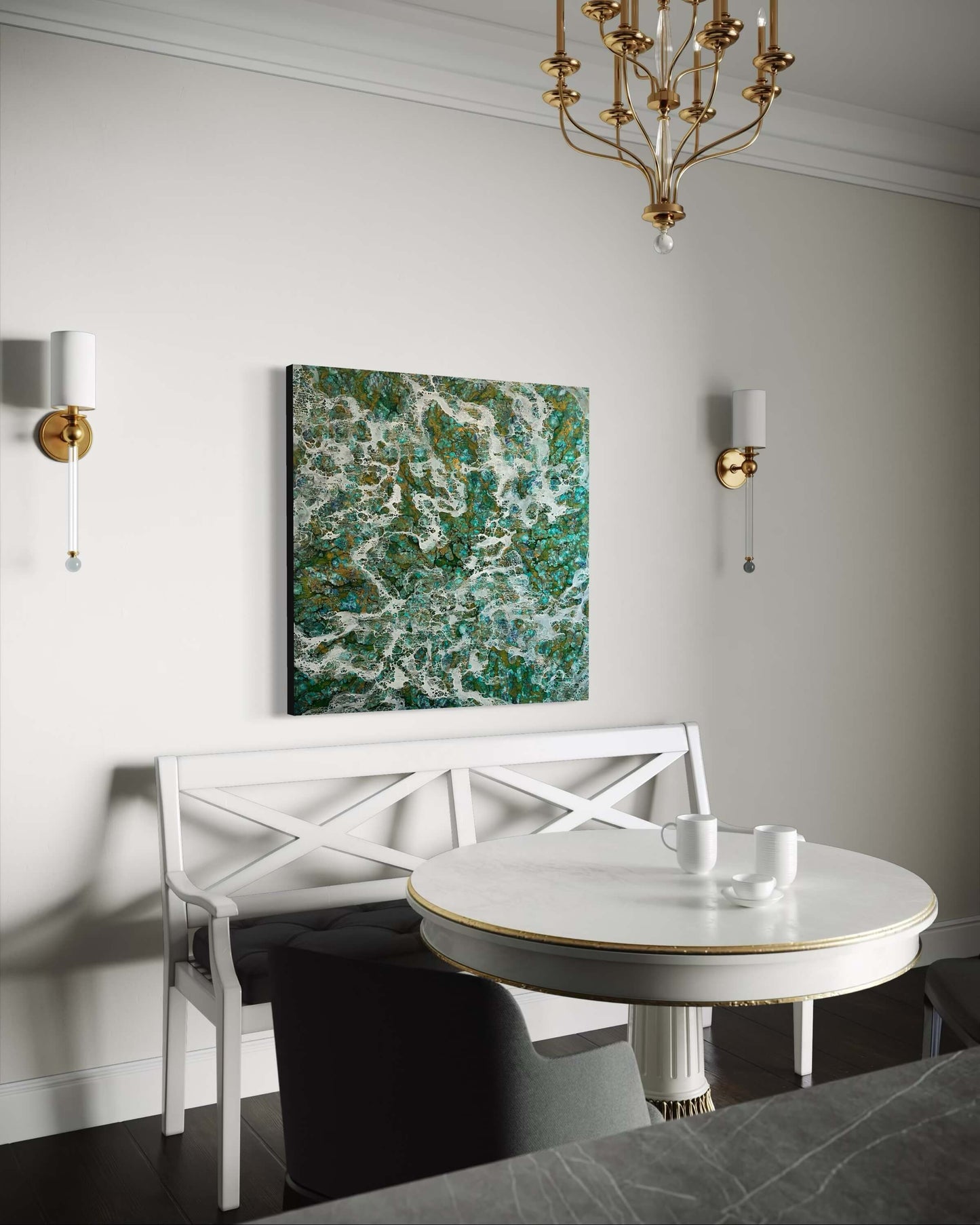 Abstract painting with flowing white patterns over a rich mix of turquoise, emerald, and earthy tones, resembling ocean foam or mineral formation. it is displayed in a modern space