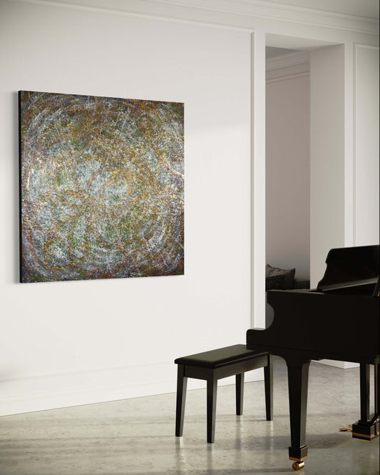 In situ.This abstract painting is vibrant and has uplifting energy, with its greens, browns, yellow, white and gold it feels like you are resting on a floor of a forest and seeing tree tops trembling in the wind. The sunlight dances in between the leaves as it warms your face