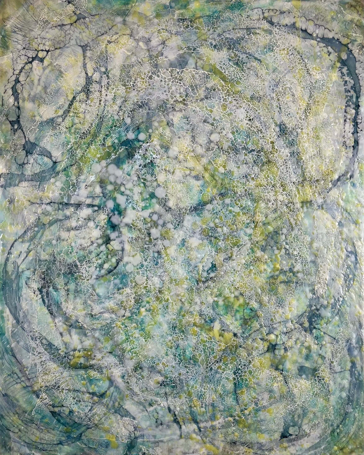 16x20in. This abstract painting was named and inspired by a song written by Damien Jurado, Working Titles. This piece of music, even though the overall sound is melodic and very calming, the lyrics, however are about heartbreak. The overall feel of this painting is quite serene with its blues, greens and yellows. The colours are reminiscent of evergreens of Seattle WA shrouded in dense fog. The delicate lace like texture created by shellac has an interesting flowing pattern.