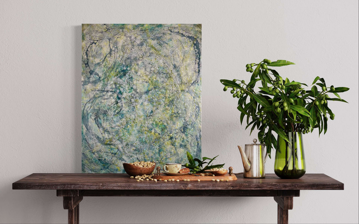 in situ.16x20in. This abstract painting was named and inspired by a song written by Damien Jurado, Working Titles. This piece of music, even though the overall sound is melodic and very calming, the lyrics, however are about heartbreak. The overall feel of this painting is quite serene with its blues, greens and yellows. The colours are reminiscent of evergreens of Seattle WA shrouded in dense fog. The delicate lace like texture created by shellac has an interesting flowing pattern.