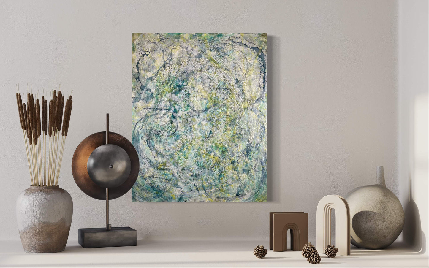 in situ.16x20in. This abstract painting was named and inspired by a song written by Damien Jurado, Working Titles. This piece of music, even though the overall sound is melodic and very calming, the lyrics, however are about heartbreak. The overall feel of this painting is quite serene with its blues, greens and yellows. The colours are reminiscent of evergreens of Seattle WA shrouded in dense fog. The delicate lace like texture created by shellac has an interesting flowing pattern.