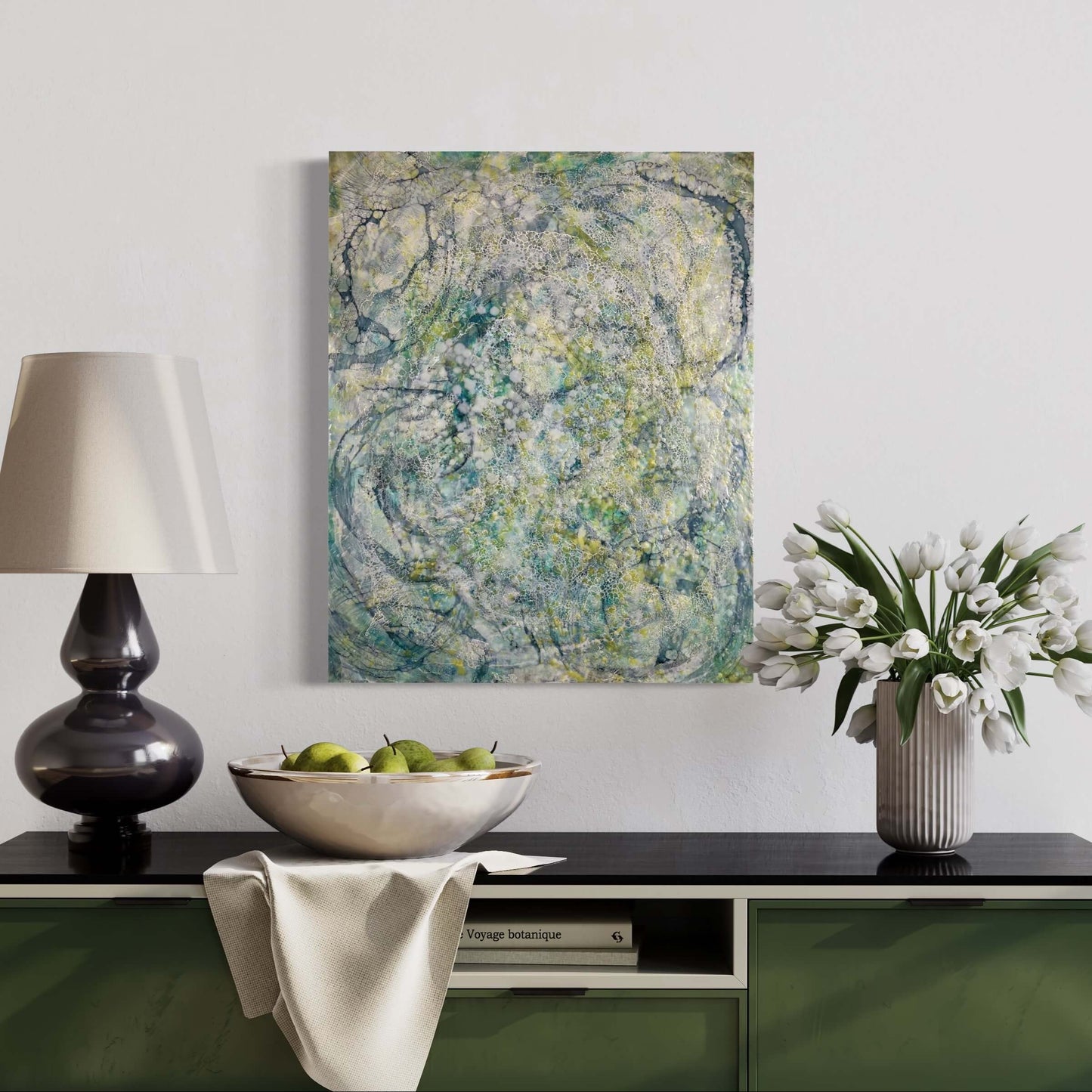 in situ.16x20in. This abstract painting was named and inspired by a song written by Damien Jurado, Working Titles. This piece of music, even though the overall sound is melodic and very calming, the lyrics, however are about heartbreak. The overall feel of this painting is quite serene with its blues, greens and yellows. The colours are reminiscent of evergreens of Seattle WA shrouded in dense fog. The delicate lace like texture created by shellac has an interesting flowing pattern.