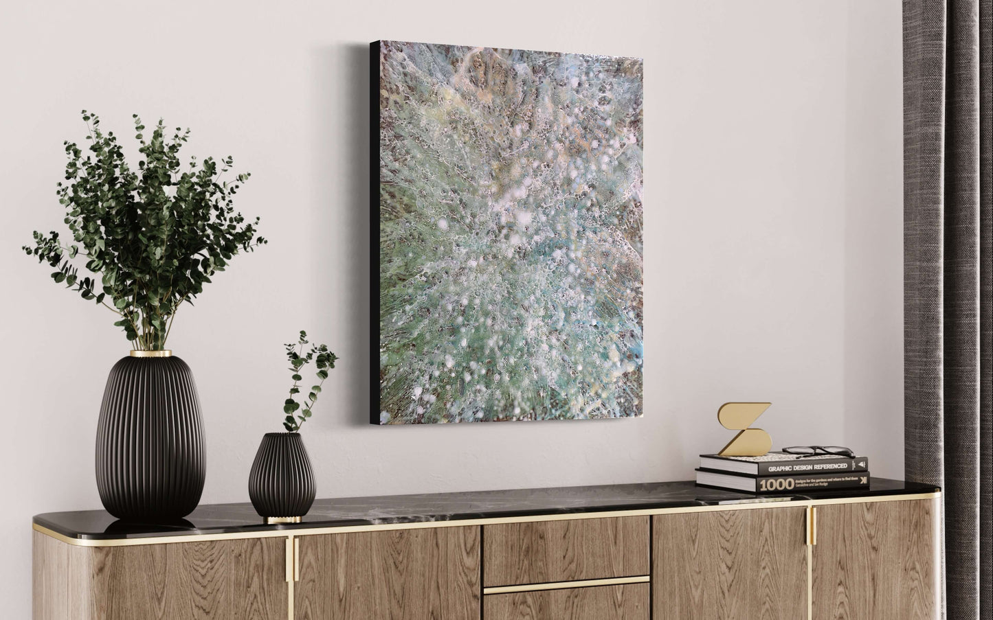 In situ.Abstract Encaustic Painting, 16x20in. Inspired and named after a song by Astrud Gilberto, Gentle Rain. with beeswax, damar resin, dry pigments and shellac on cradled wood panel. This painting is bursting with blues, greens and variations of earthy pigments. The delicate lace like texture of shellac mimics rain drops hitting the ground and creating tiny bubbles on the surface. Hanging hardware is included