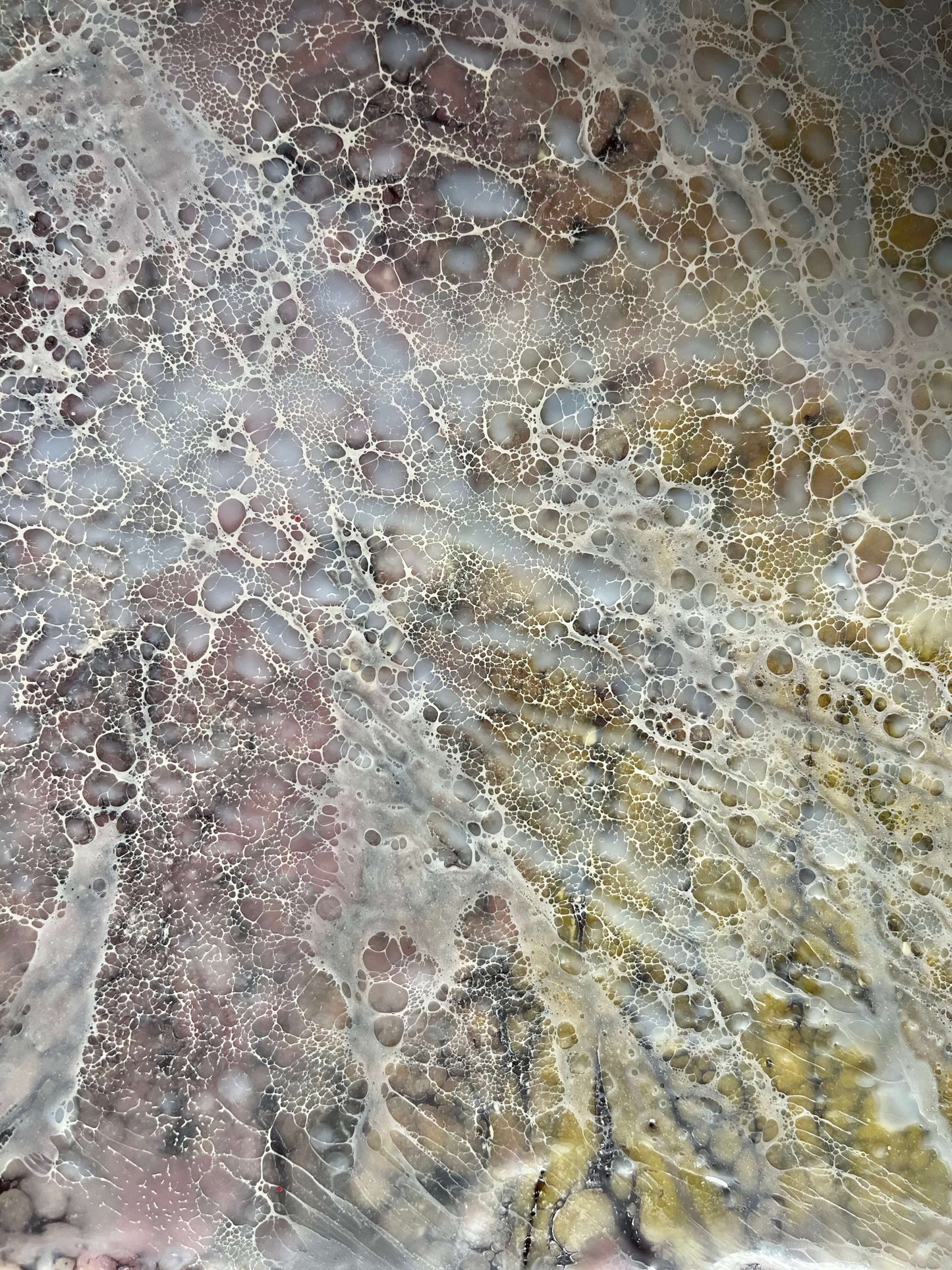 Close up.Abstract Encaustic Painting, 16x20in. Created with beeswax, damar resin, dry pigments and shellac on cradled wood panel. This painting is bursting with soft yellows, and variations of delicate pinks. The underlying layer of dark lace like texture is creating this mystery of what is inside of us. There is a great deal of detail in this piece. Hanging hardware is included