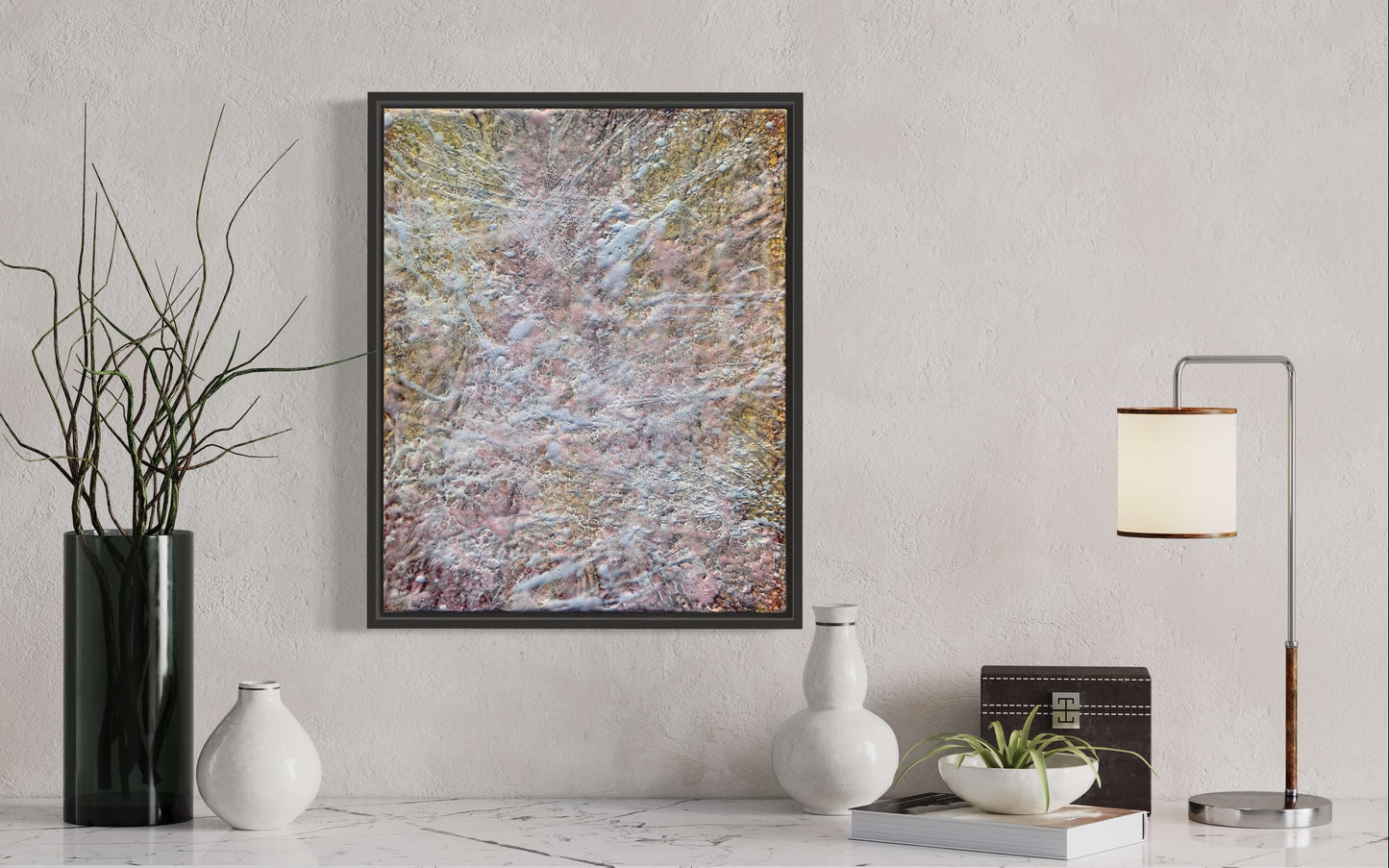 In situ.Abstract Encaustic Painting, 16x20in. Created with beeswax, damar resin, dry pigments and shellac on cradled wood panel. This painting is bursting with soft yellows, and variations of delicate pinks. The underlying layer of dark lace like texture is creating this mystery of what is inside of us. There is a great deal of detail in this piece. Hanging hardware is included