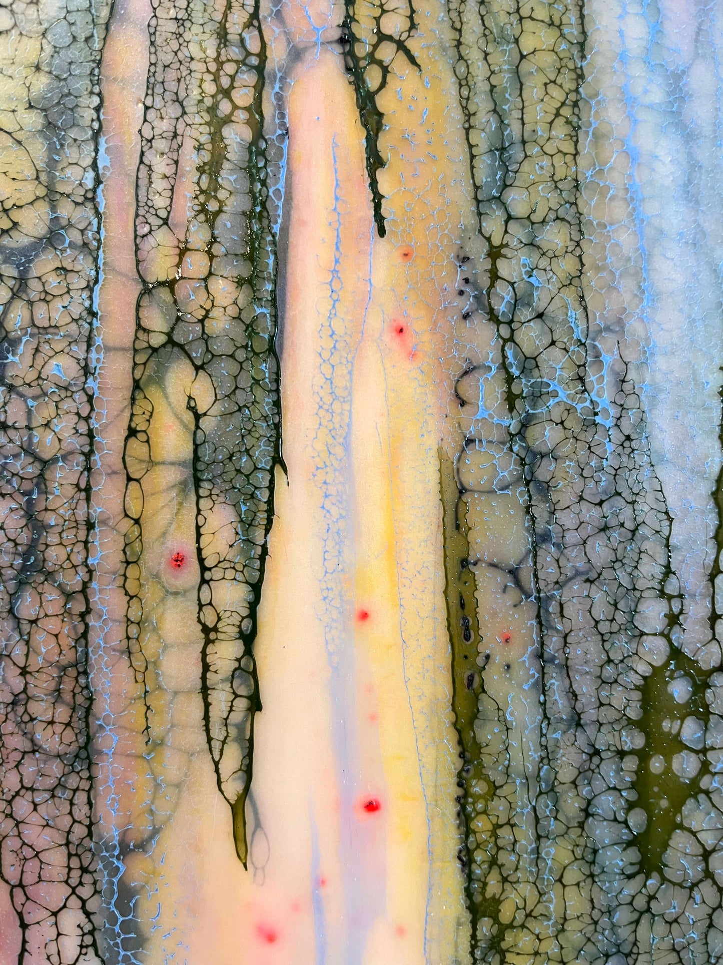 Close up.Abstract Encaustic Painting, 16x20in. Created with beeswax, damar resin, dry pigments and shellac on cradled wood panel. This painting is playful, but delicate with a gentle energy. The colours of this piece are soft pinks, periwinkle blues, majestic purples and moody greens. The delicate lace-like texture draping over the painting has this protective and enveloping effect as if the colours underneath it, while blending with each other, are shy and private. Hanging hardware is included