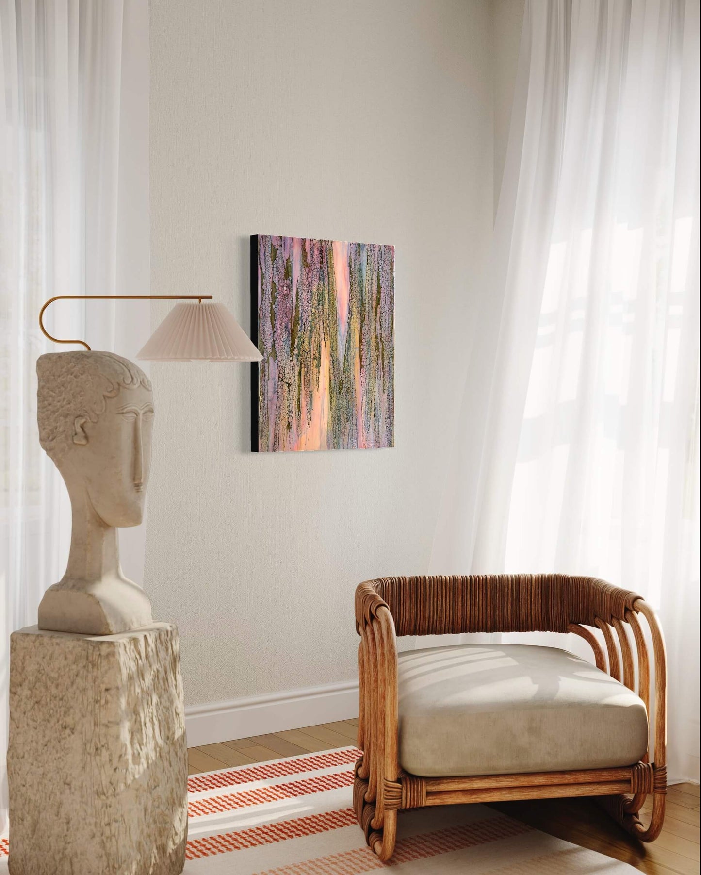 In situ.Abstract Encaustic Painting, 16x20in. Created with beeswax, damar resin, dry pigments and shellac on cradled wood panel. This painting is playful, but delicate with a gentle energy. The colours of this piece are soft pinks, periwinkle blues, majestic purples and moody greens. The delicate lace-like texture draping over the painting has this protective and enveloping effect as if the colours underneath it, while blending with each other, are shy and private. Hanging hardware is included