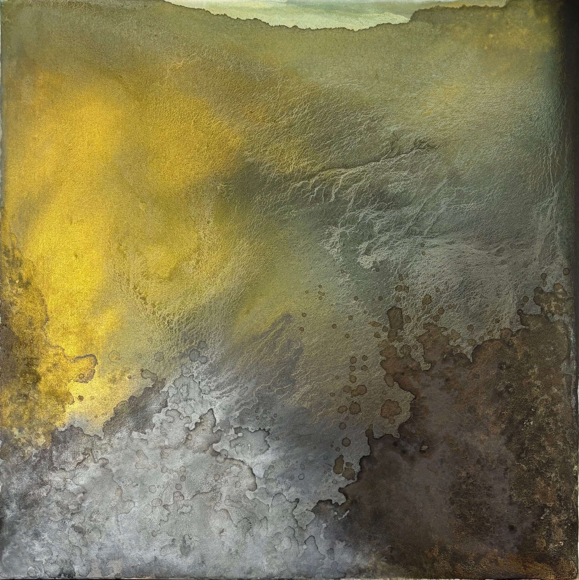 Original abstract painting with earth tones of brown, grey, green, gold and silver with layered textures and organic forms.