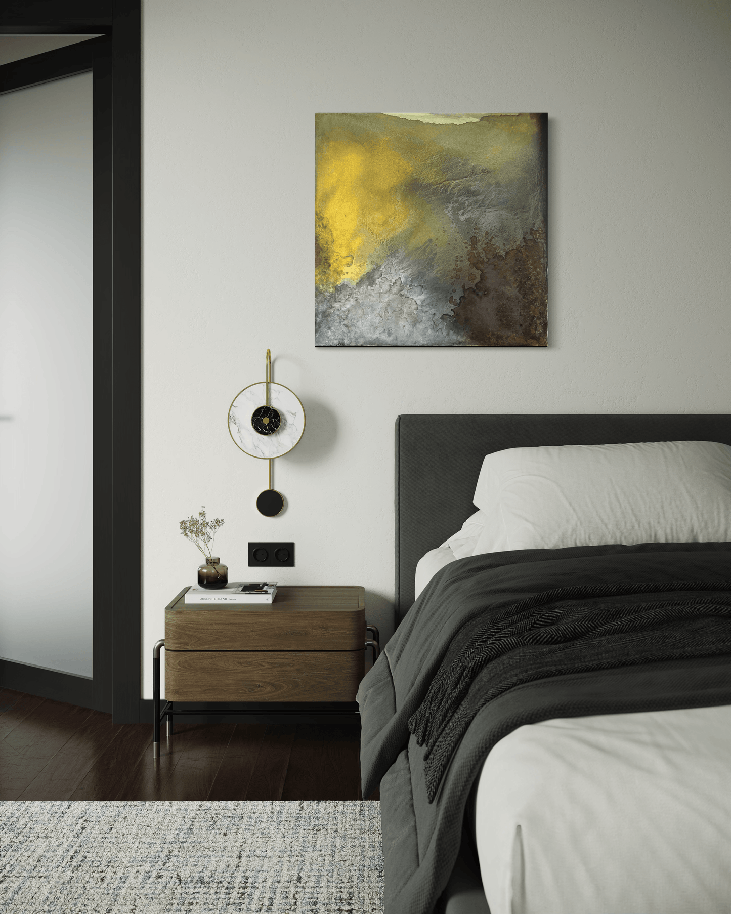 Original abstract painting with earth tones of brown, grey, green, gold and silver with layered textures and organic forms displayed above the bedside table and wall sconce in a modern bedroom interior.