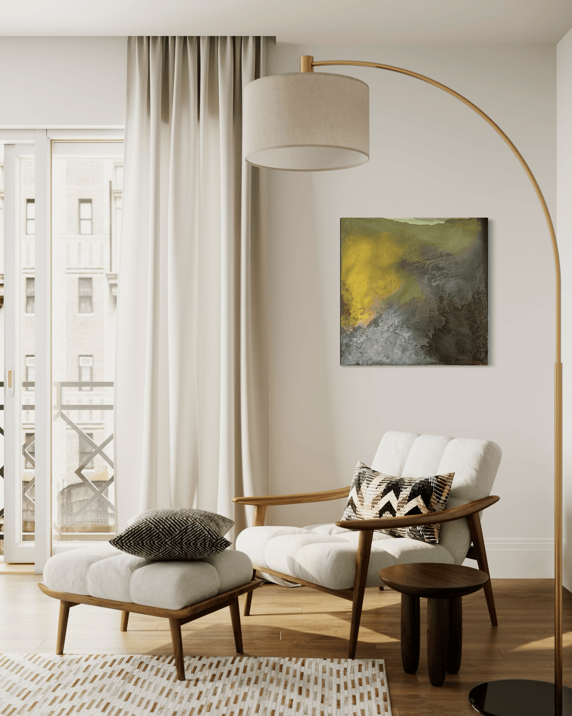 Original abstract painting with earth tones of brown, grey, green, gold and silver with layered textures and organic forms displayed above and armchair and floor lamp in a midcentury modern interior.