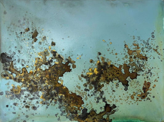 Original abstract painting in blue, green, brown with rust and gold layered textures and organic forms