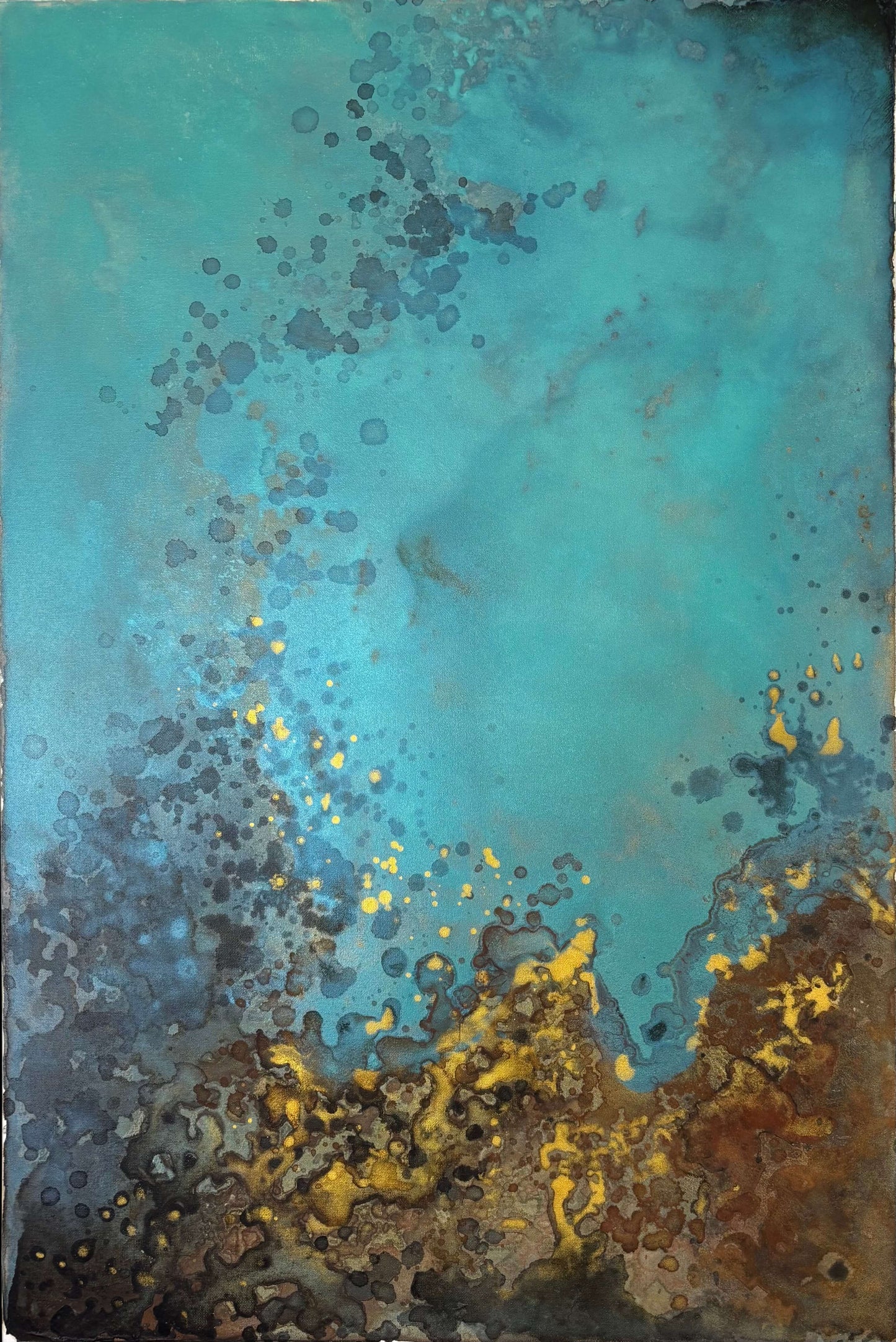 Original  abstract painting in blue, gold, brown and rust tones with layered textures and organic forms.