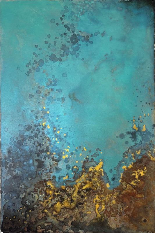 Original  abstract painting in blue, gold, brown and rust tones with layered textures and organic forms.