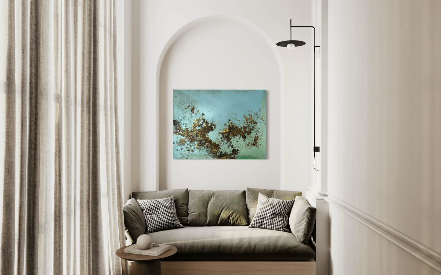 Original abstract painting in blue, green, brown with rust and gold layered textures and organic forms displayed above a built-in sofa with a wall lamp in modern interior